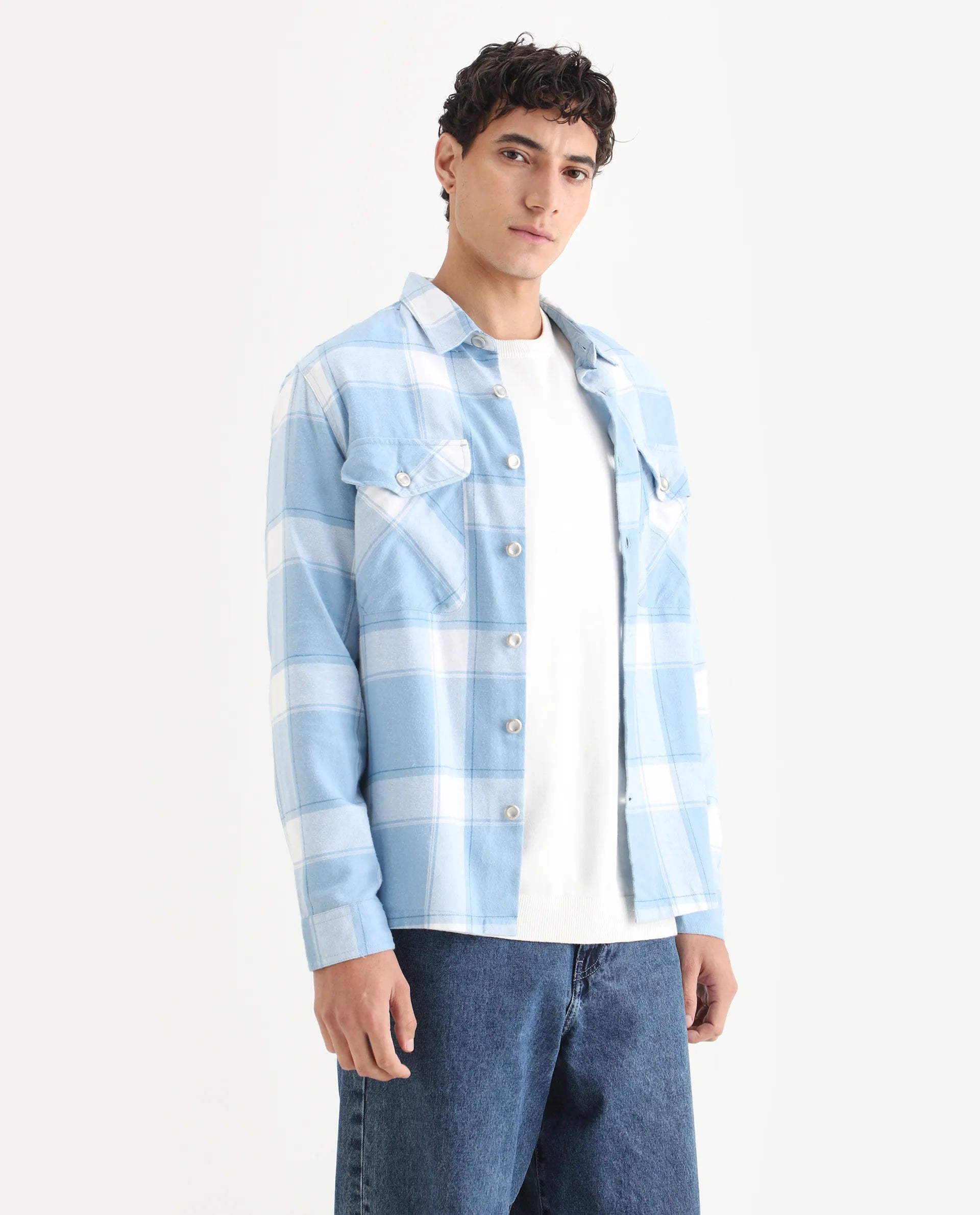 Rare Rabbit Men's Areo Pastel Blue Cotton Checked Print Relaxed Fit Full Sleeve Collared Shacket