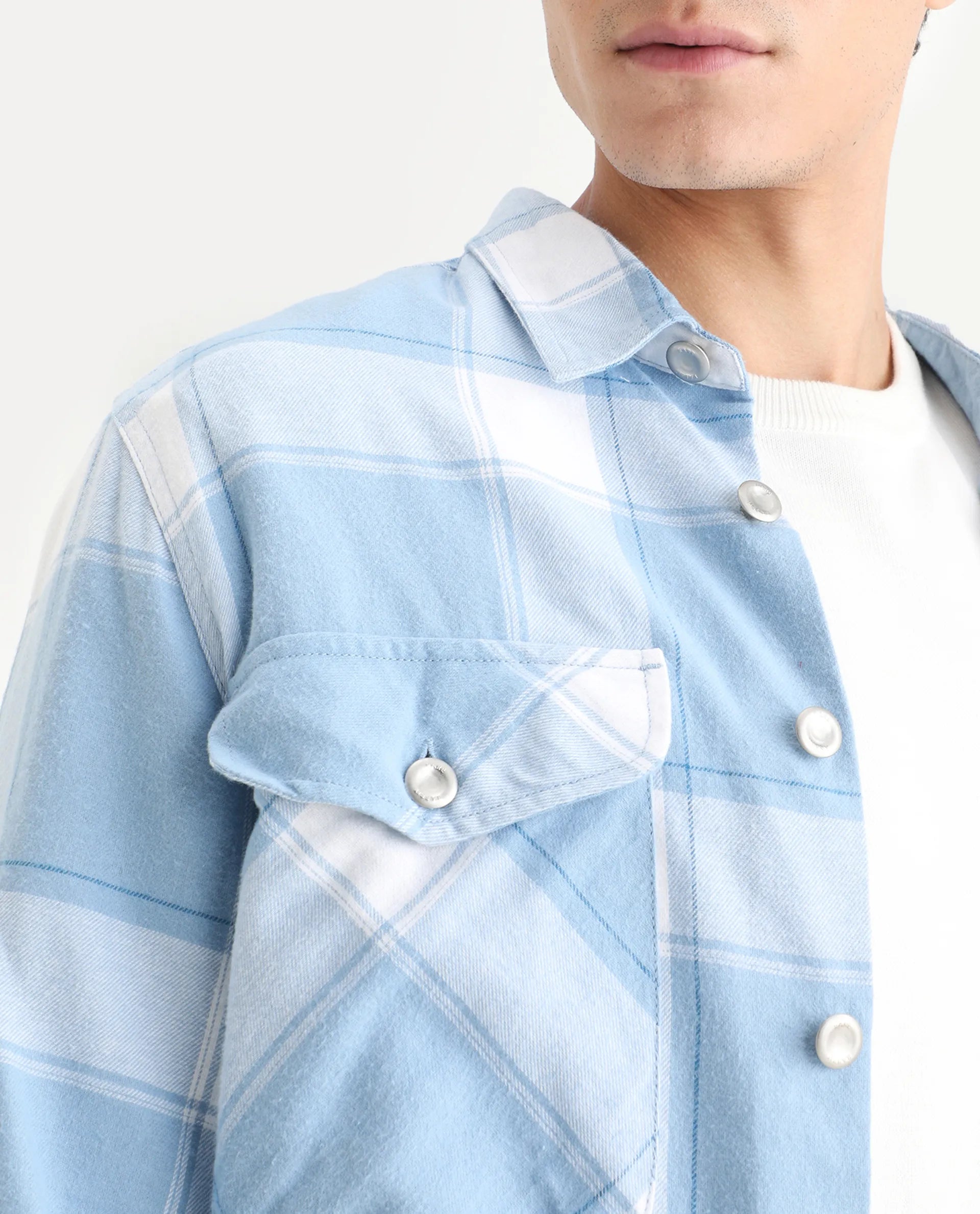 Rare Rabbit Men's Areo Pastel Blue Cotton Checked Print Relaxed Fit Full Sleeve Collared Shacket