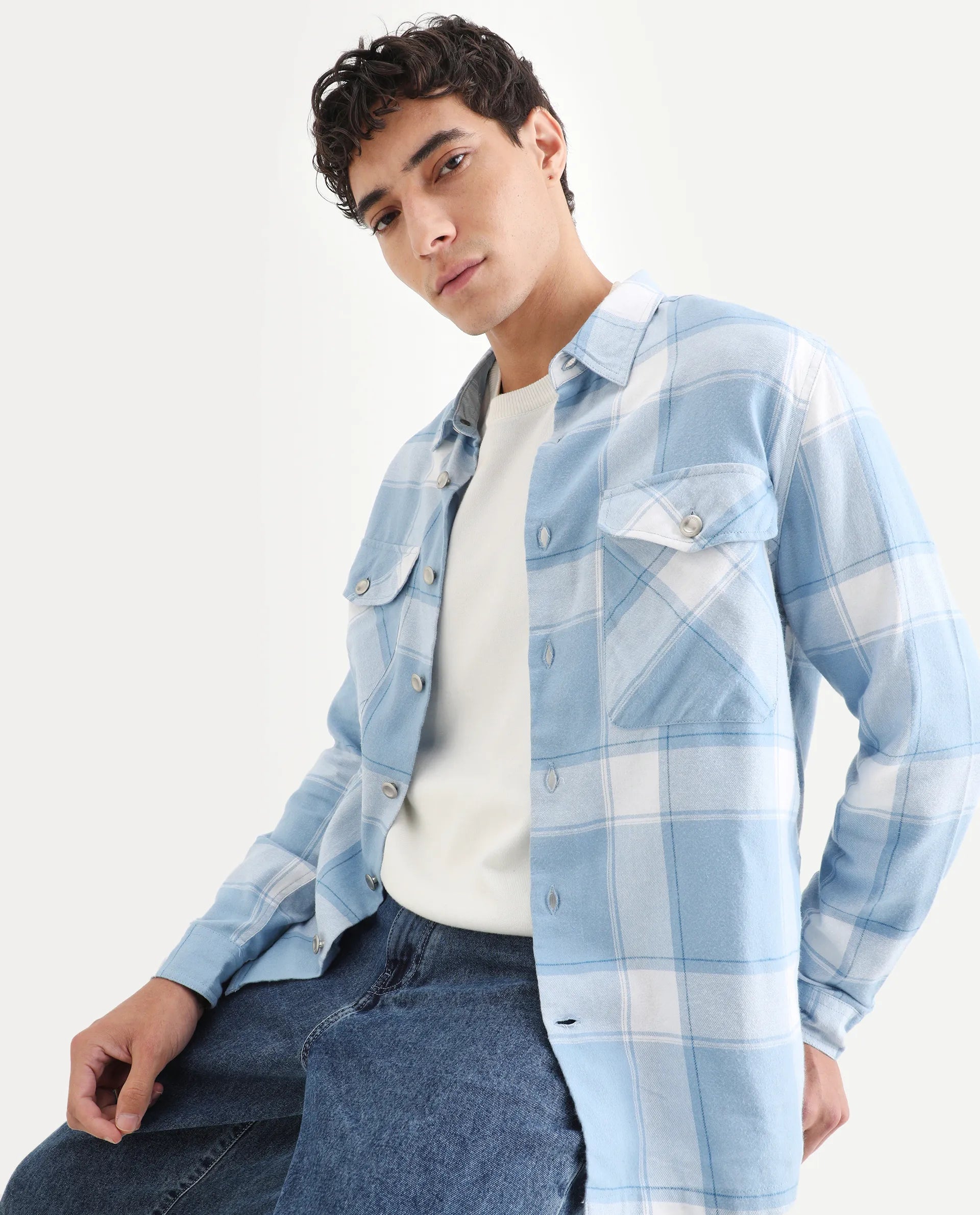 Rare Rabbit Men's Areo Pastel Blue Cotton Checked Print Relaxed Fit Full Sleeve Collared Shacket