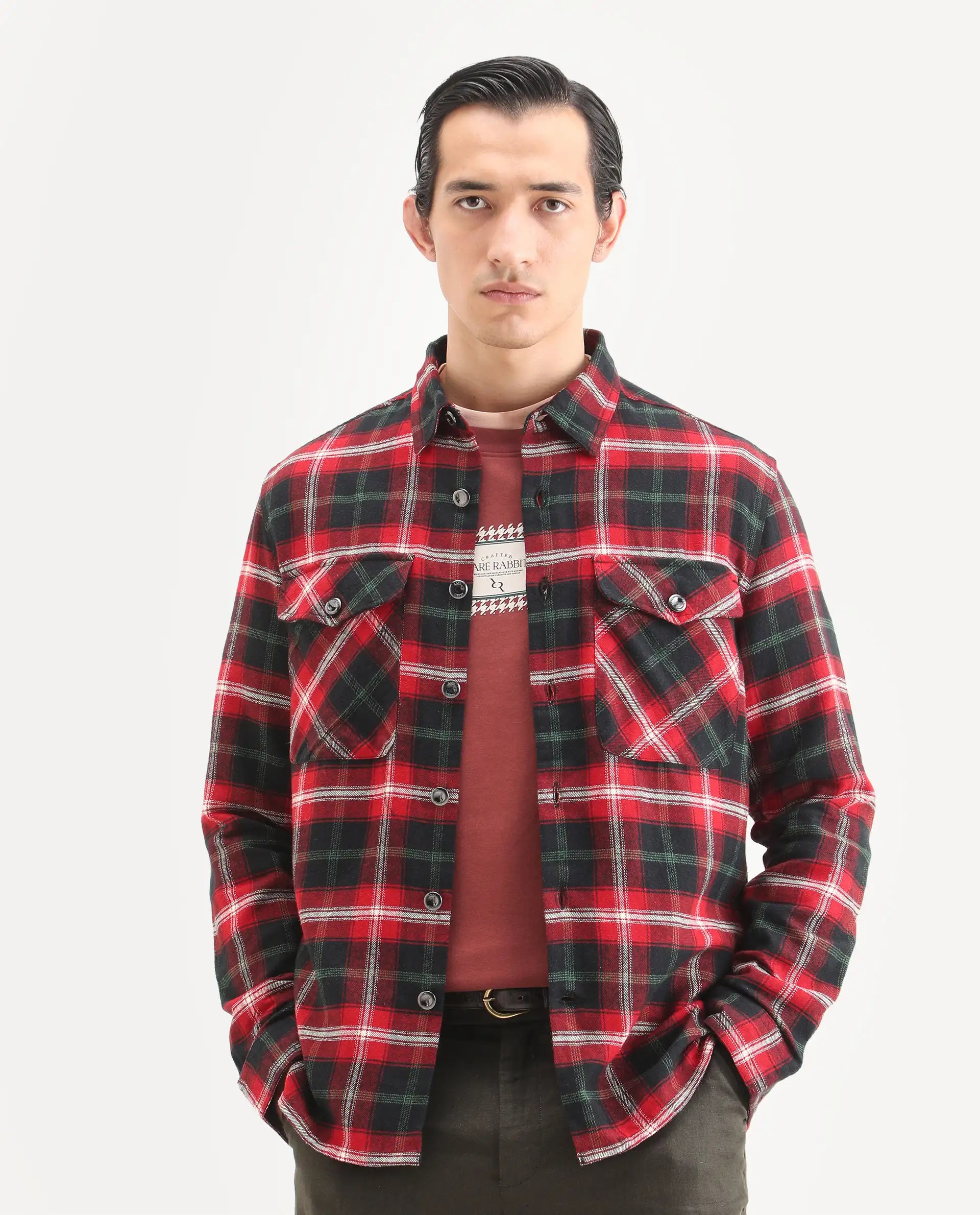 Rare Rabbit Men's Bardot Dark Red Cotton Checked Print Relaxed Fit Full Sleeve Collared Shacket