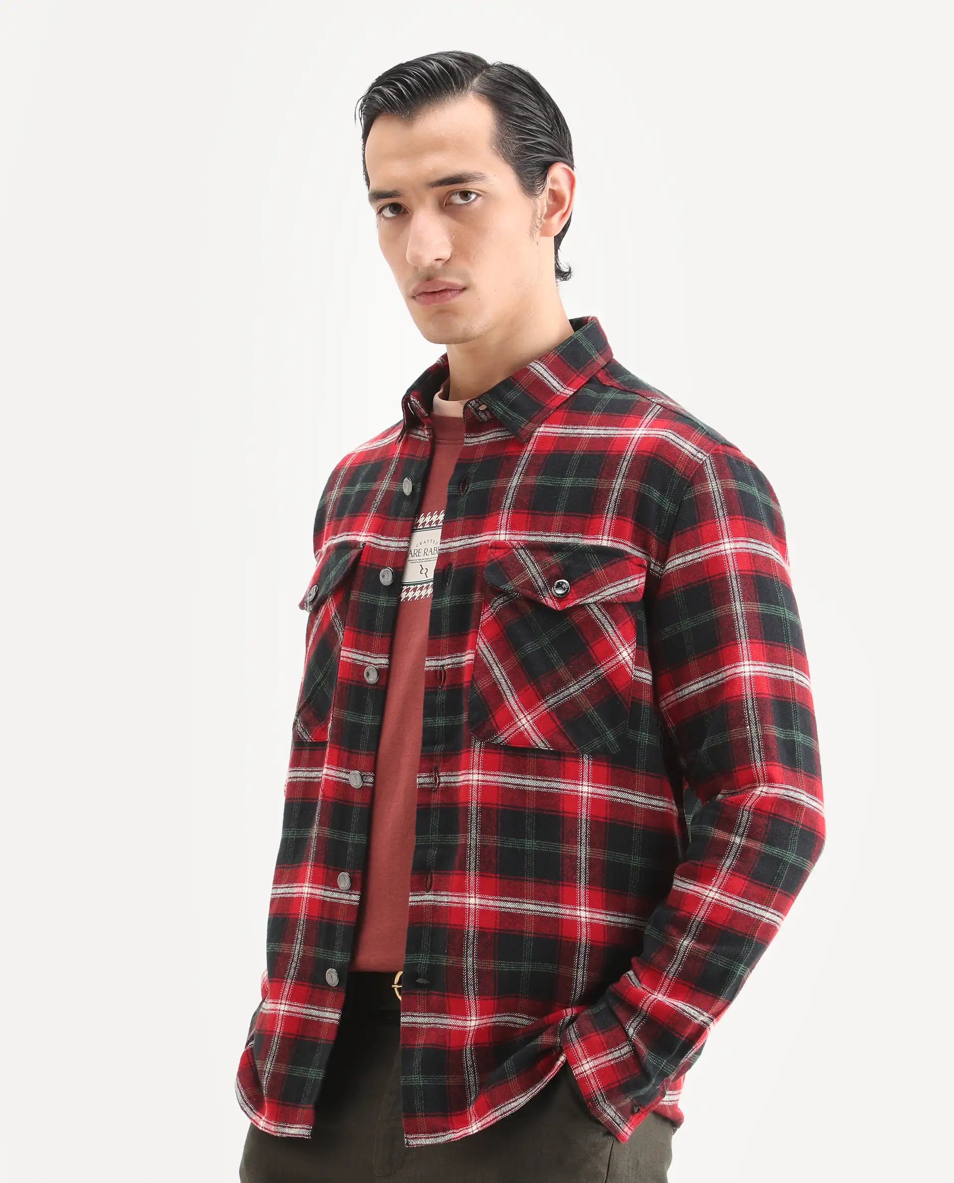 Rare Rabbit Men's Bardot Dark Red Cotton Checked Print Relaxed Fit Full Sleeve Collared Shacket