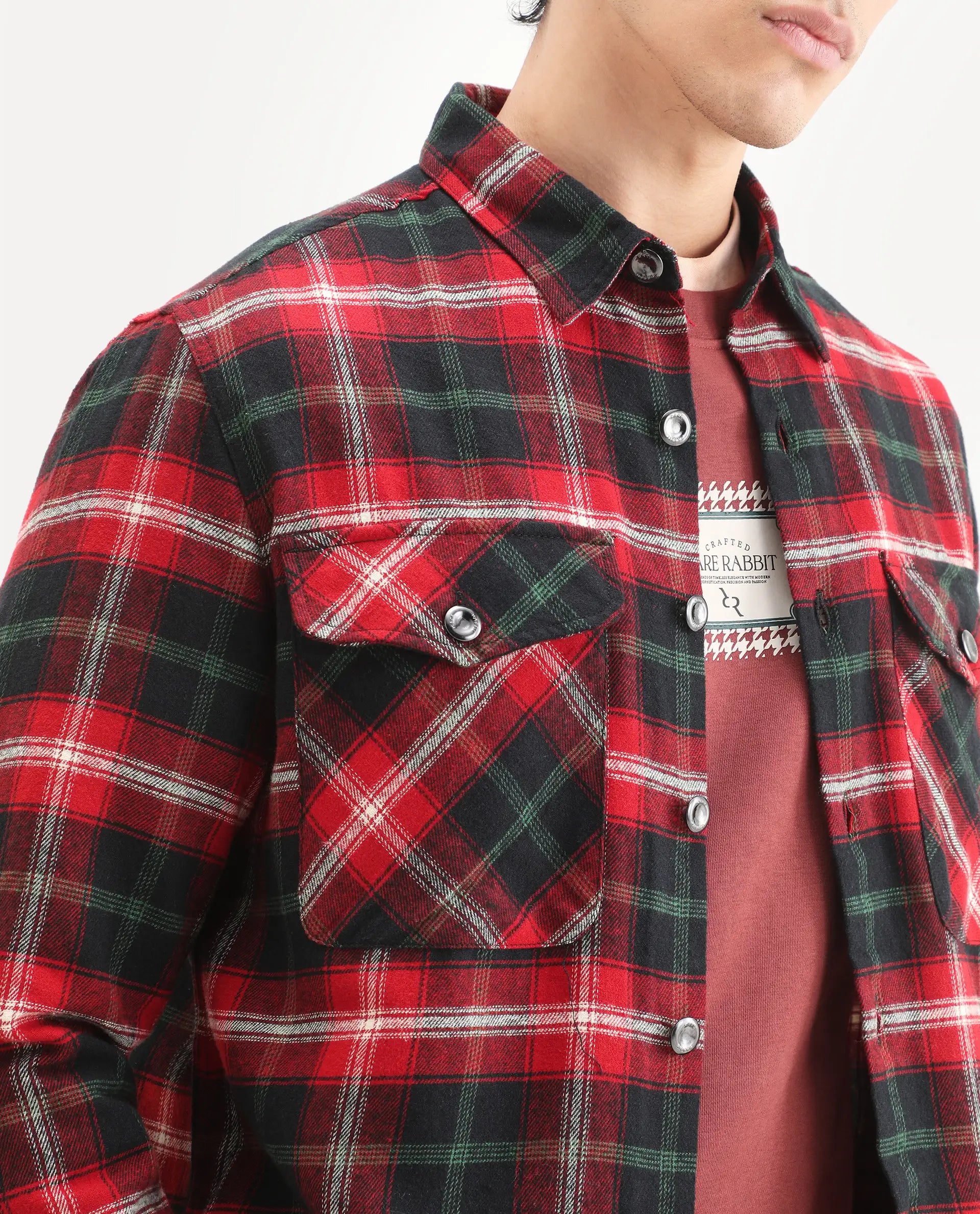 Rare Rabbit Men's Bardot Dark Red Cotton Checked Print Relaxed Fit Full Sleeve Collared Shacket