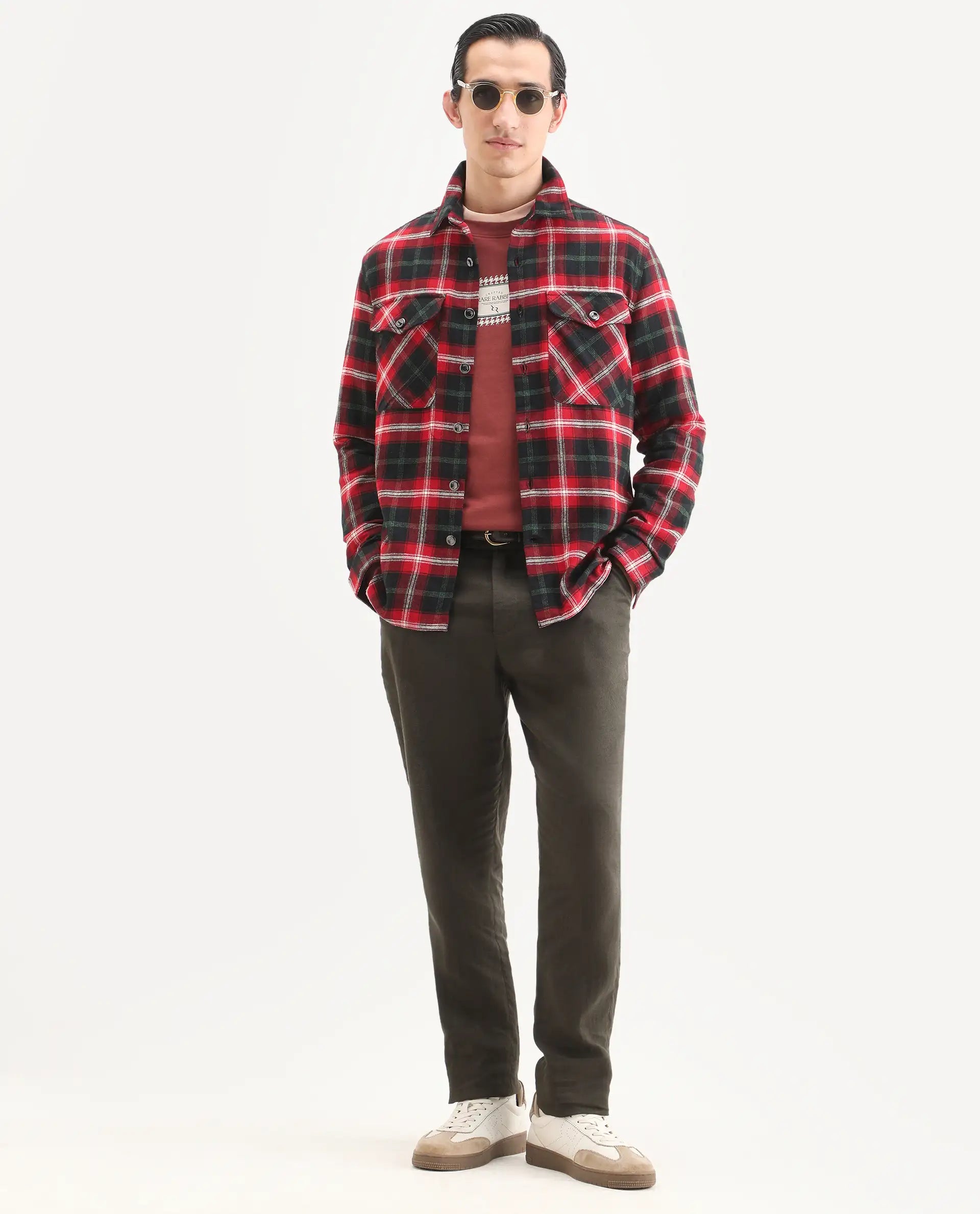 Rare Rabbit Men's Bardot Dark Red Cotton Checked Print Relaxed Fit Full Sleeve Collared Shacket