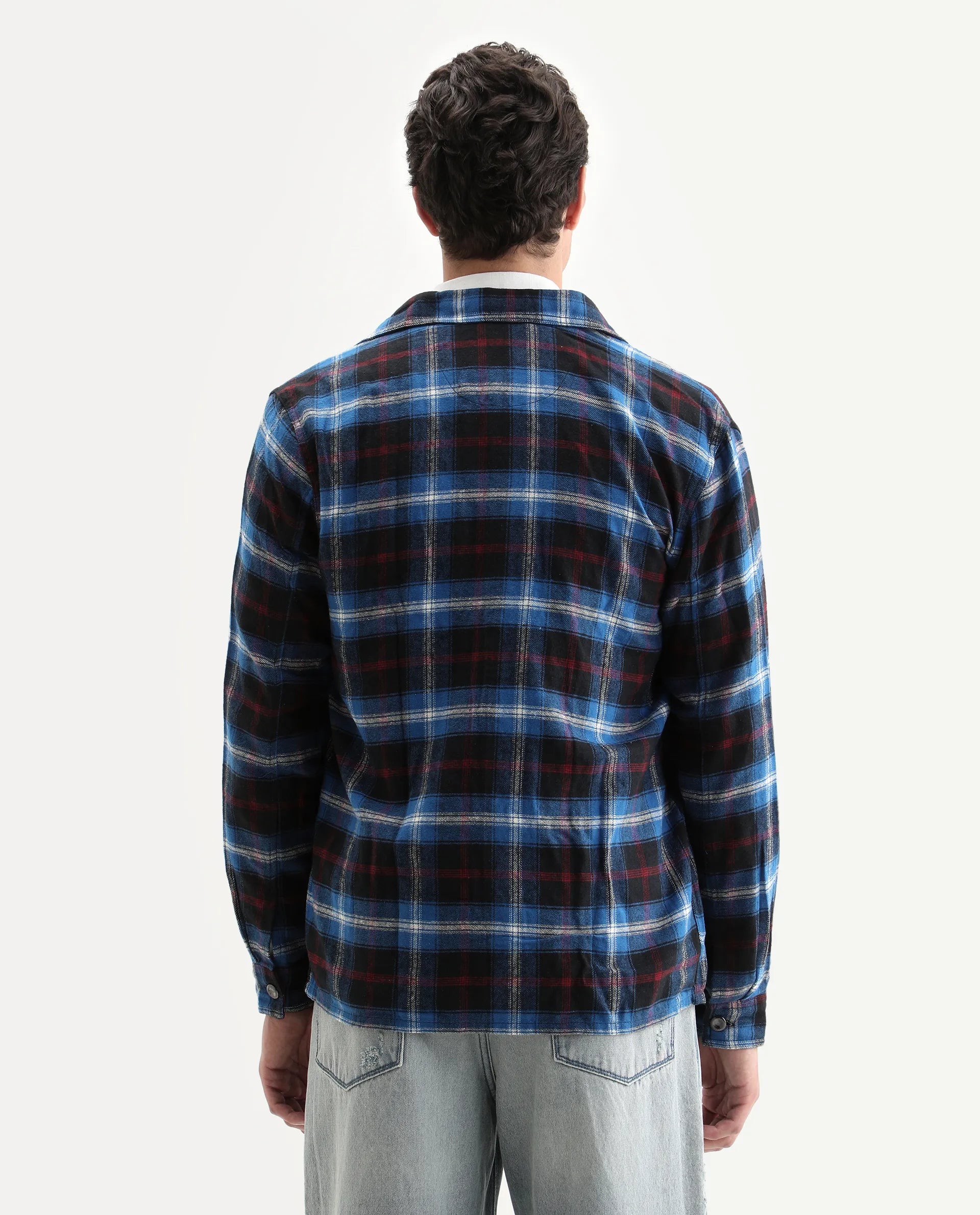 Rare Rabbit Men's Bardot Dark Blue Cotton Checked Print Relaxed Fit Full Sleeve Collared Shacket