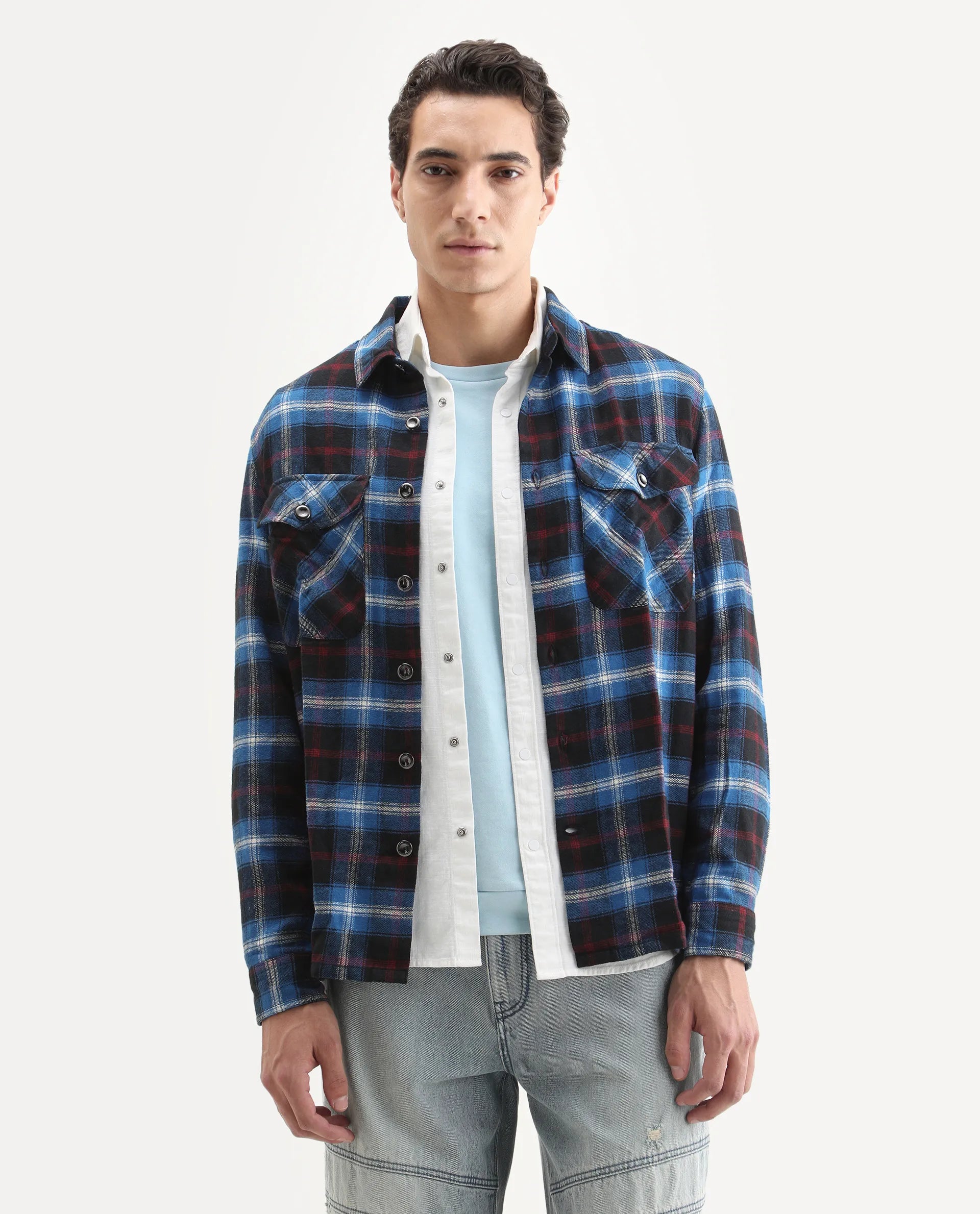 Rare Rabbit Men's Bardot Dark Blue Cotton Checked Print Relaxed Fit Full Sleeve Collared Shacket