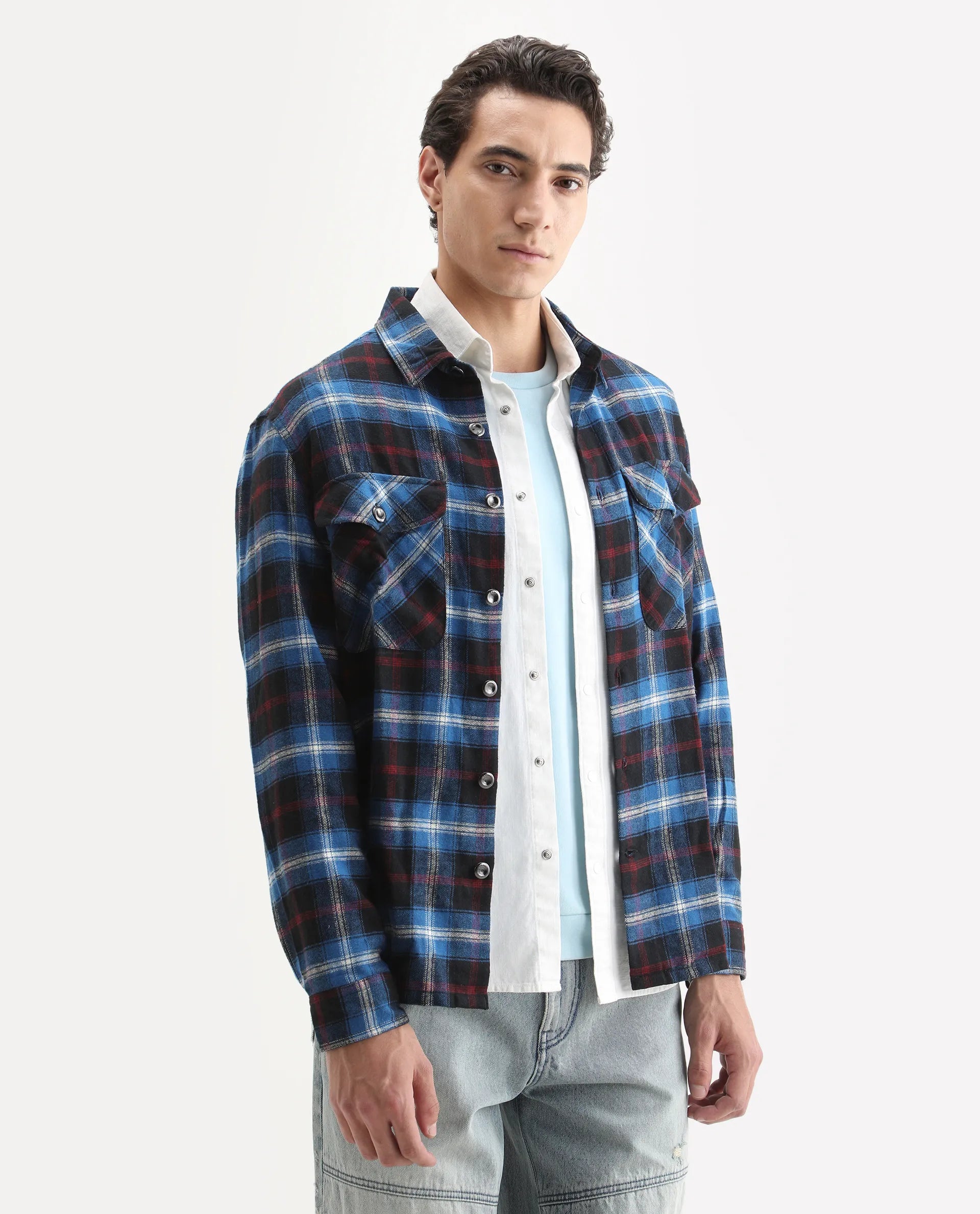 Rare Rabbit Men's Bardot Dark Blue Cotton Checked Print Relaxed Fit Full Sleeve Collared Shacket