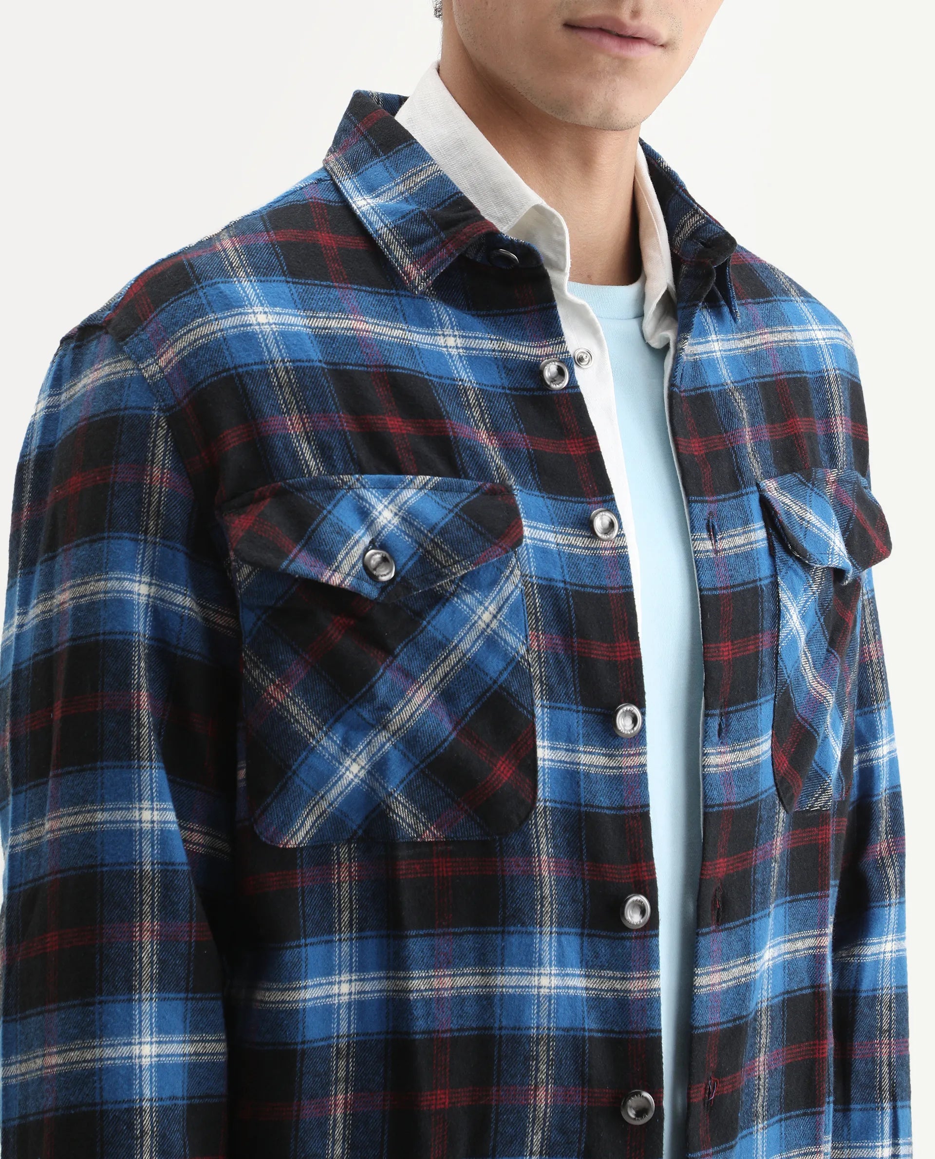 Rare Rabbit Men's Bardot Dark Blue Cotton Checked Print Relaxed Fit Full Sleeve Collared Shacket
