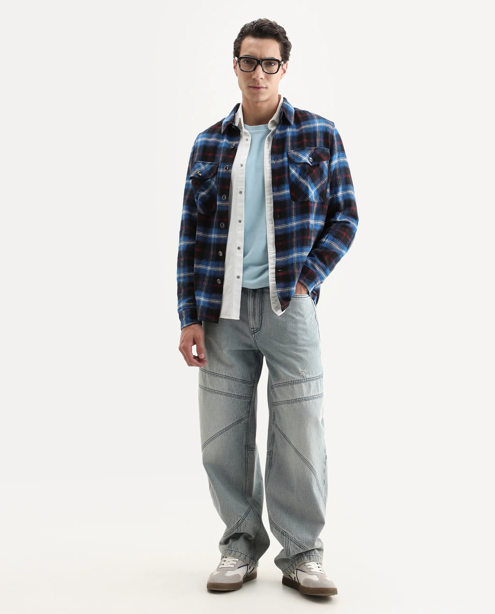 Rare Rabbit Men's Bardot Dark Blue Cotton Checked Print Relaxed Fit Full Sleeve Collared Shacket