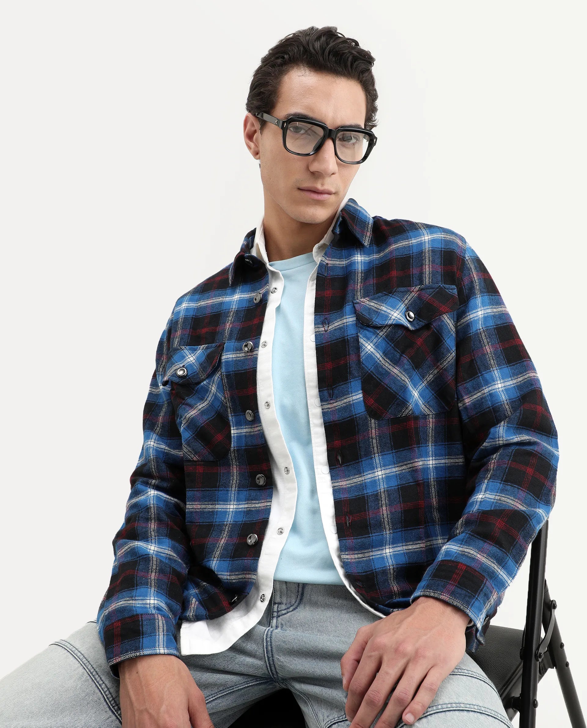Rare Rabbit Men's Bardot Dark Blue Cotton Checked Print Relaxed Fit Full Sleeve Collared Shacket