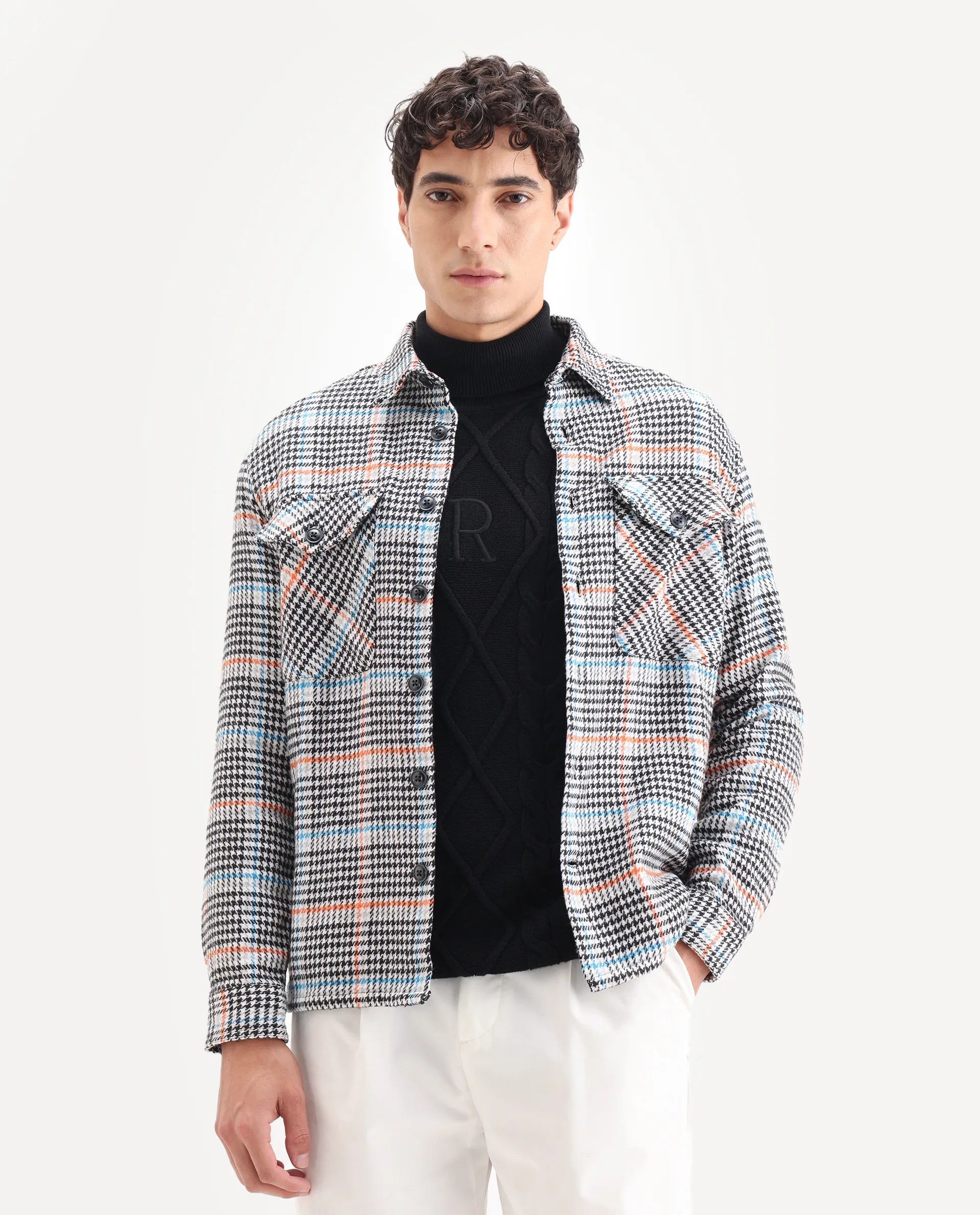 Rare Rabbit Men's Marcella Black Cotton Checked Print Relaxed Fit Full Sleeve Collared Shacket