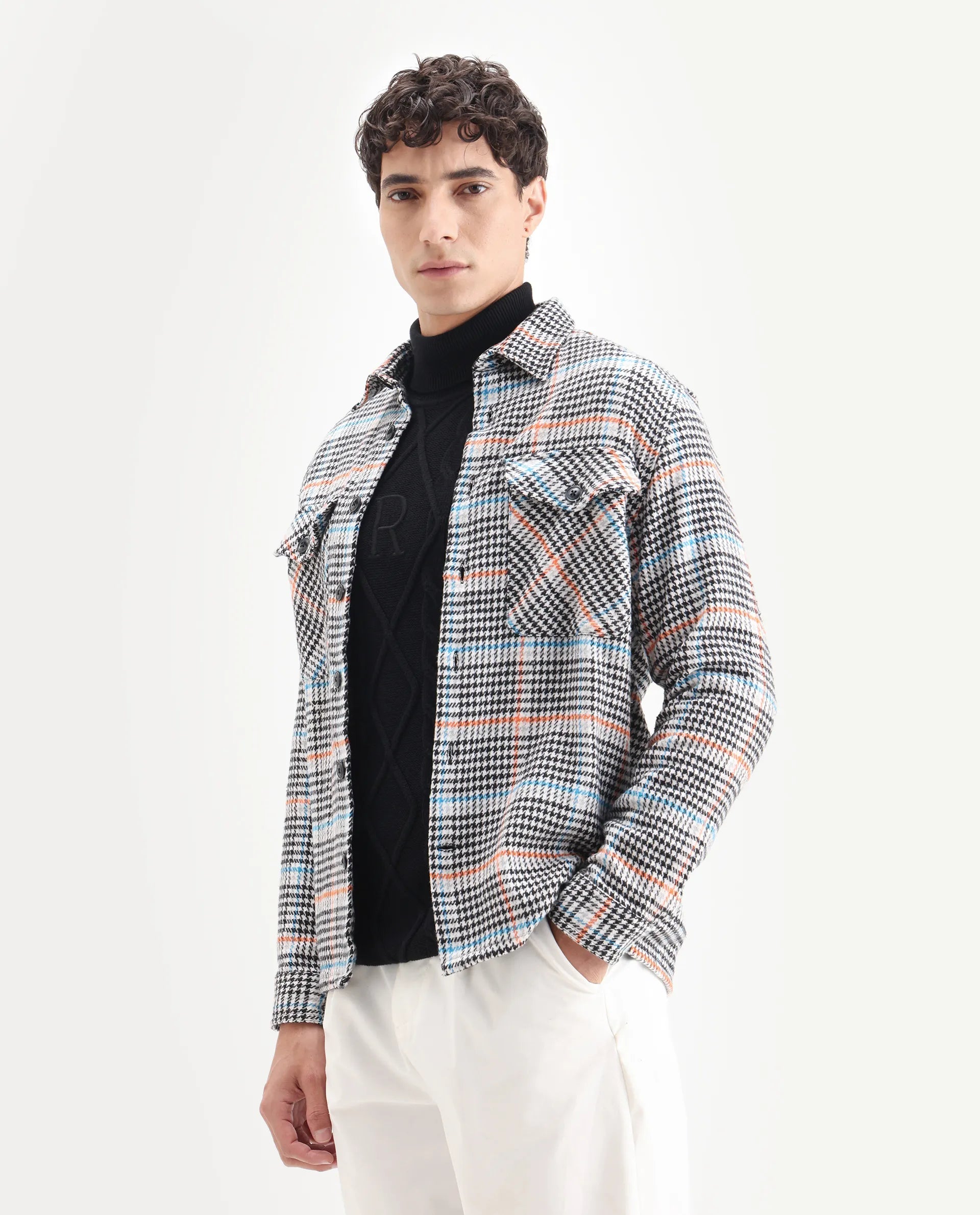 Rare Rabbit Men's Marcella Black Cotton Checked Print Relaxed Fit Full Sleeve Collared Shacket