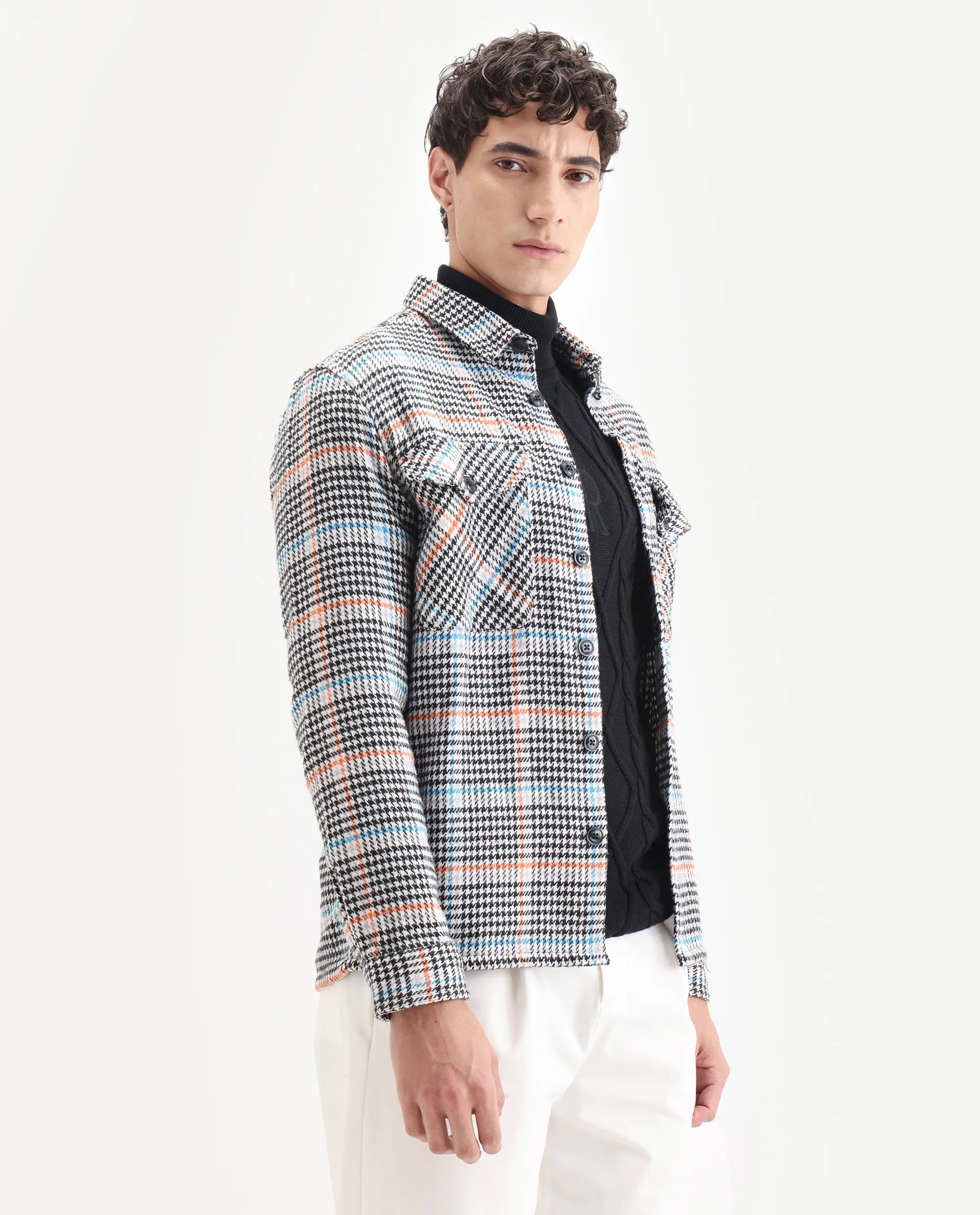 Rare Rabbit Men's Marcella Black Cotton Checked Print Relaxed Fit Full Sleeve Collared Shacket