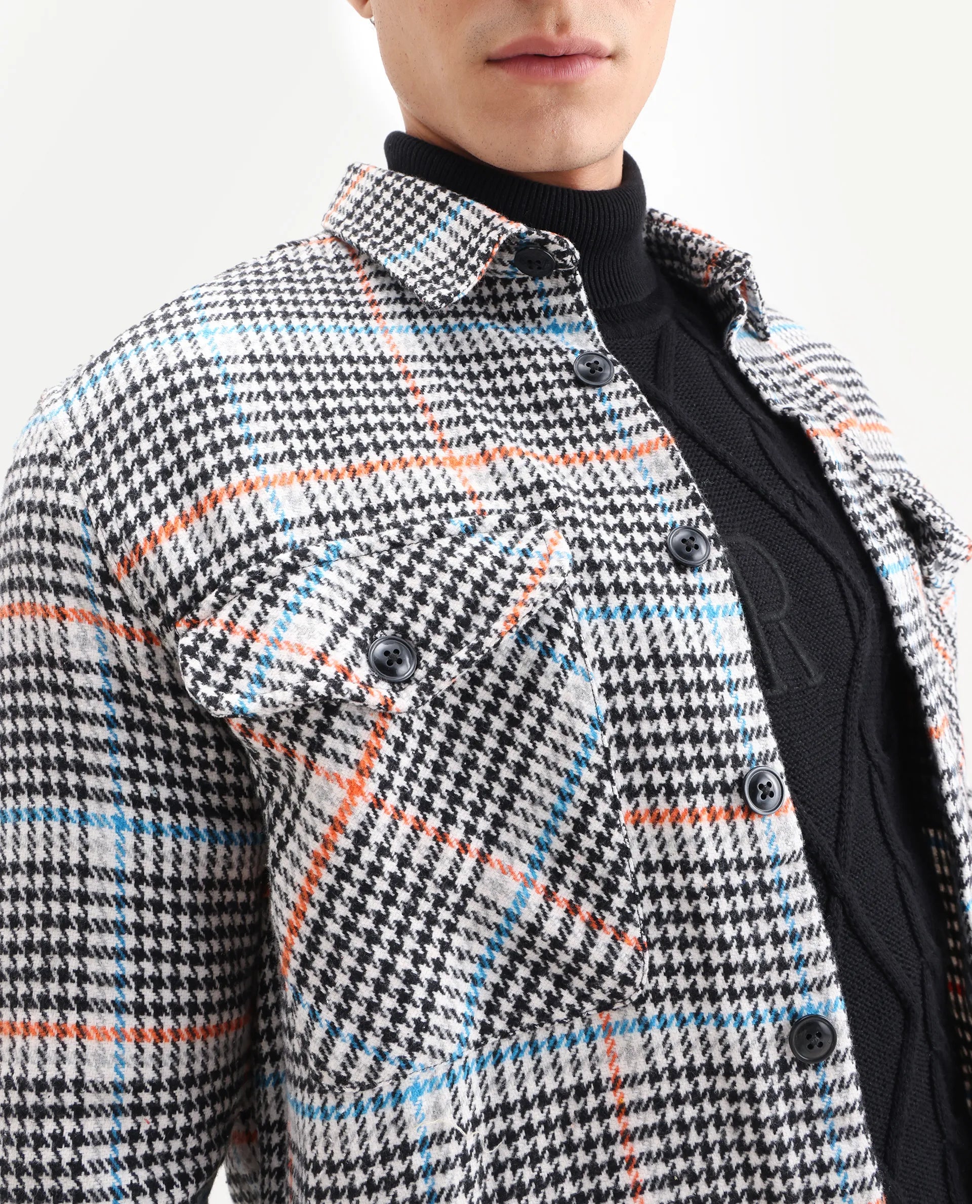 Rare Rabbit Men's Marcella Black Cotton Checked Print Relaxed Fit Full Sleeve Collared Shacket