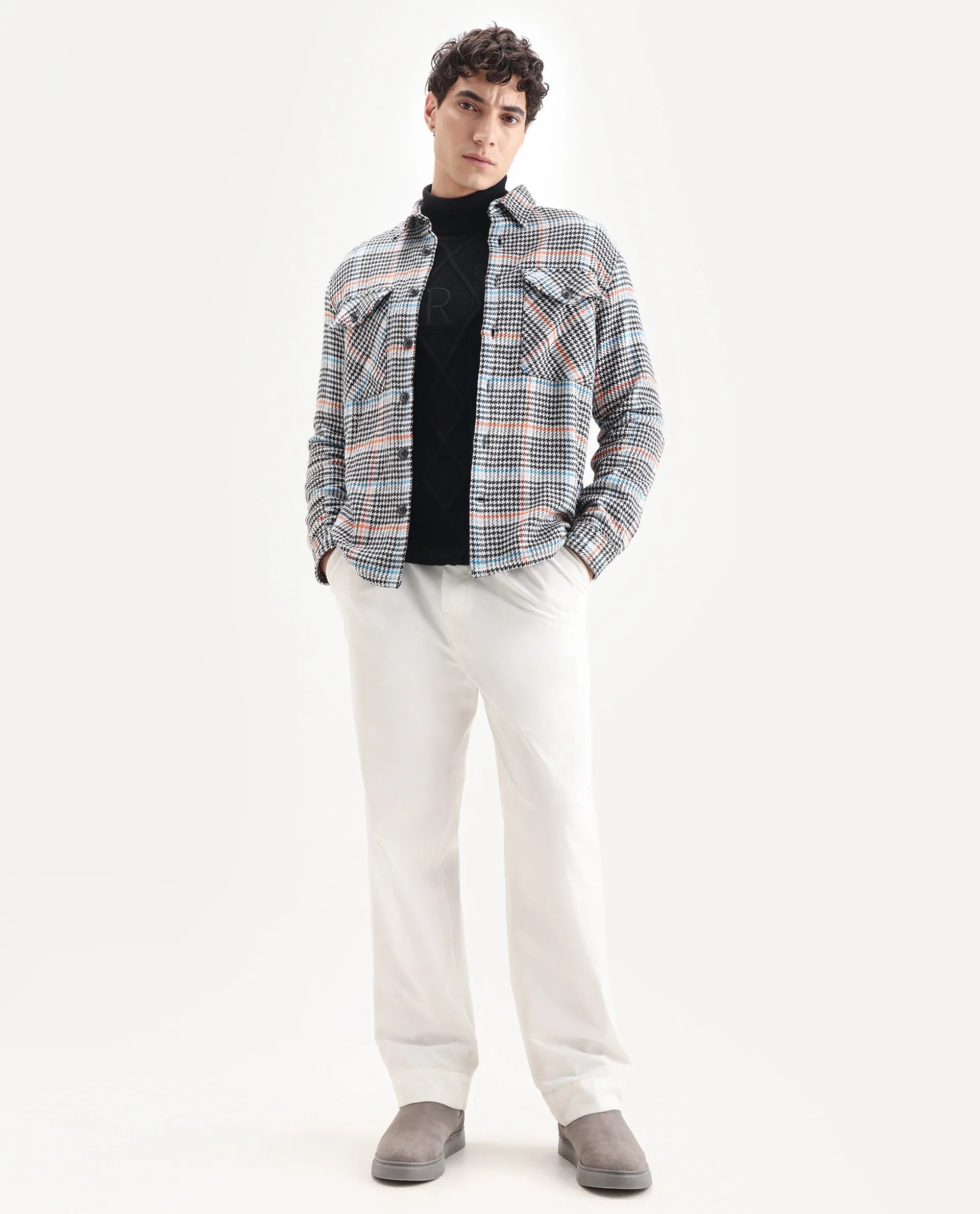 Rare Rabbit Men's Marcella Black Cotton Checked Print Relaxed Fit Full Sleeve Collared Shacket
