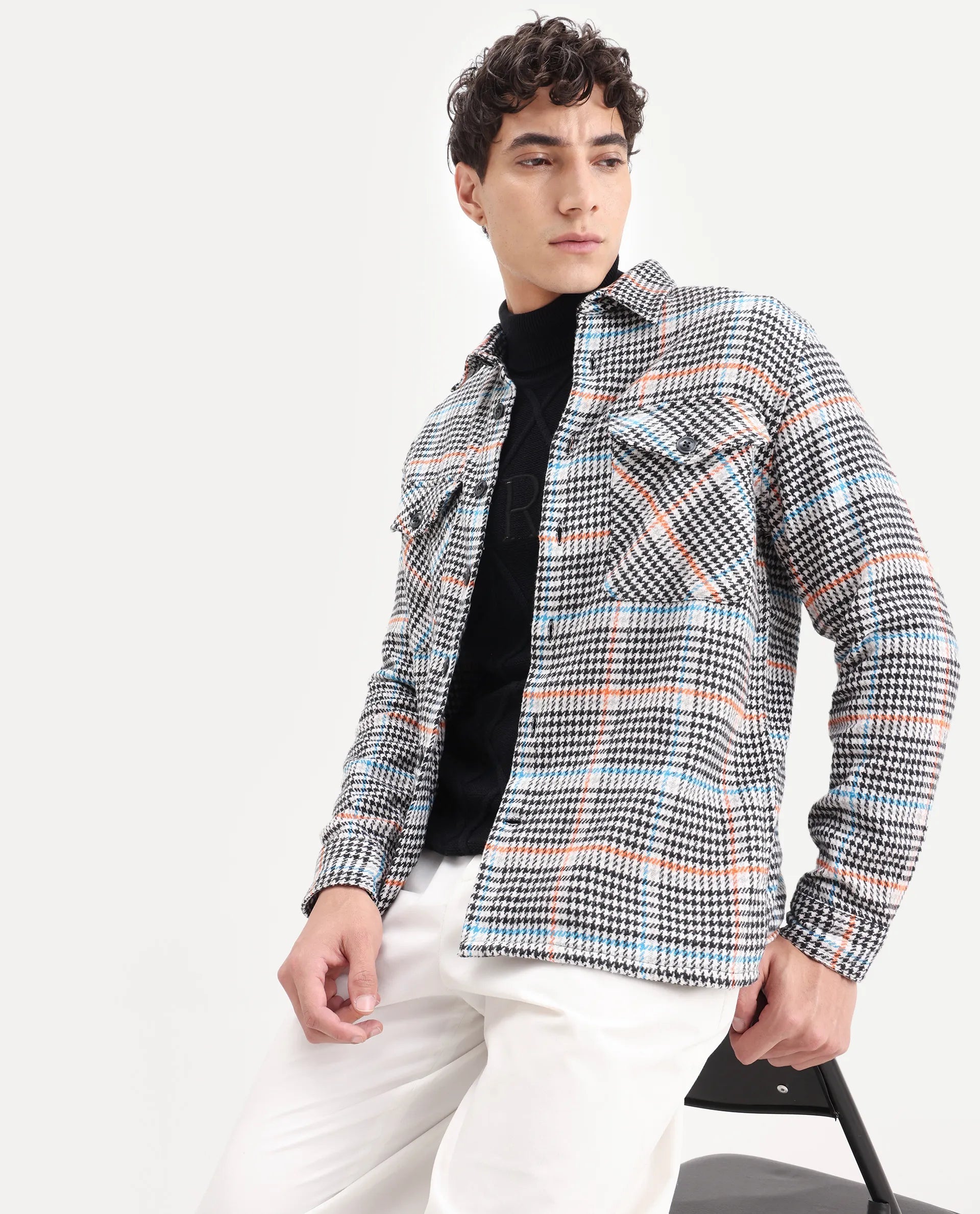 Rare Rabbit Men's Marcella Black Cotton Checked Print Relaxed Fit Full Sleeve Collared Shacket
