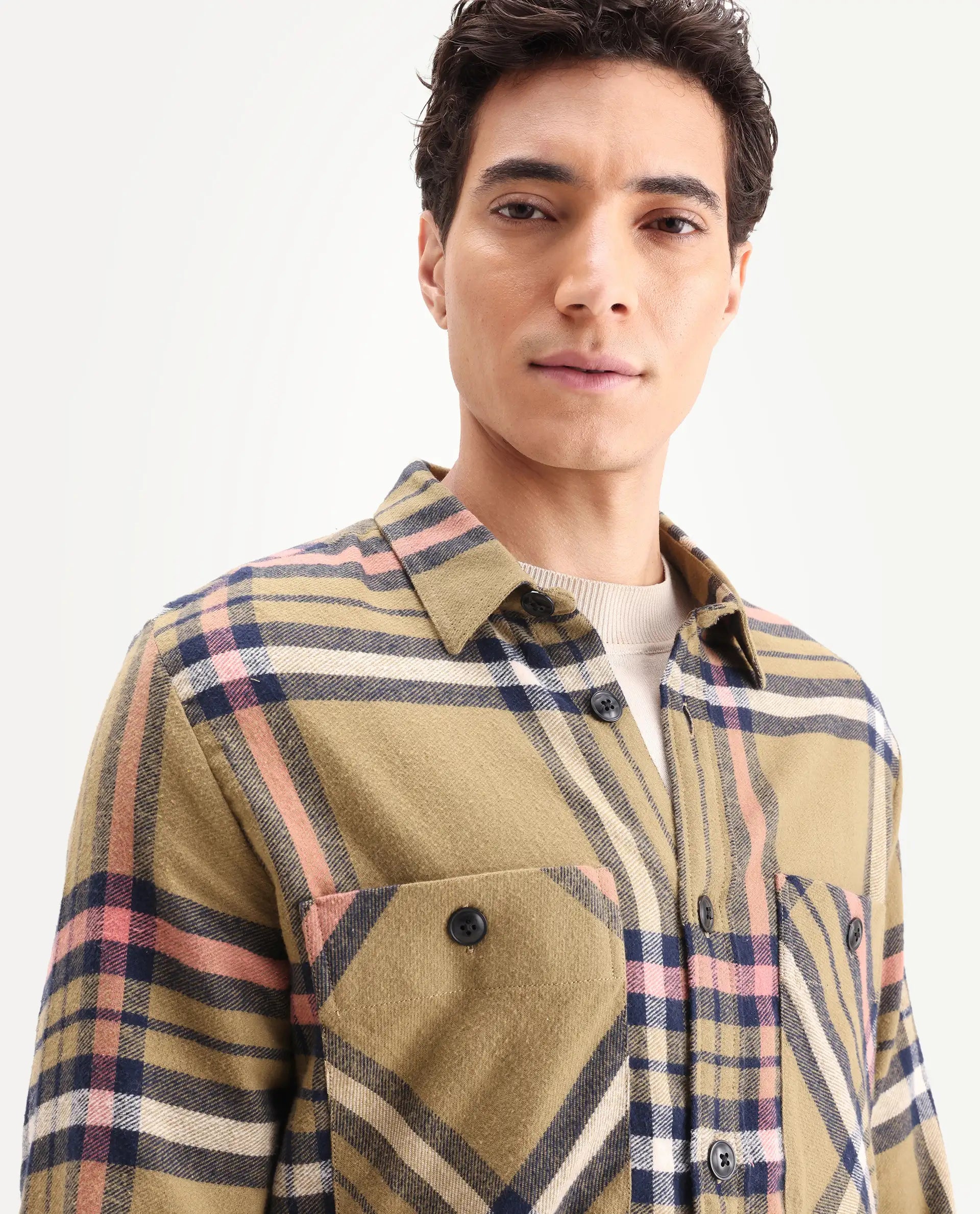 Rare Rabbit Men's Estro Light Green Cotton Checked Print Relaxed Fit Full Sleeve Collared Shacket