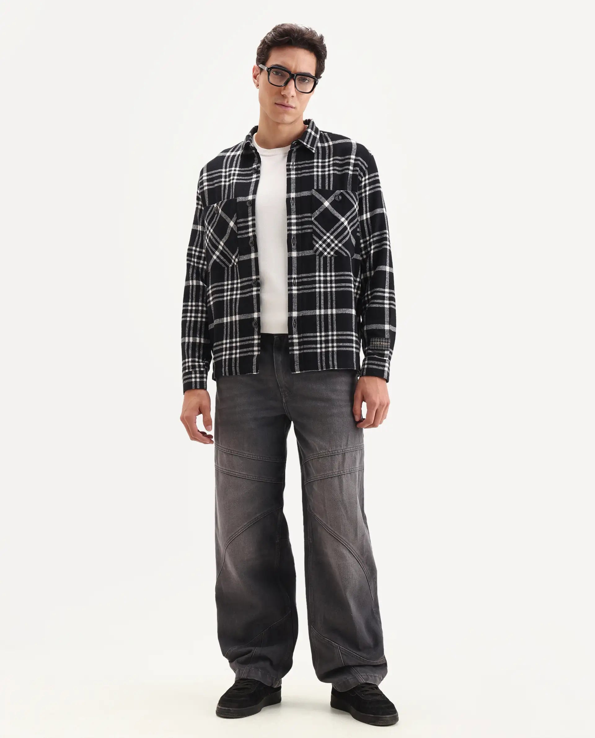 Rare Rabbit Men's Rousso Black Cotton Checked Print Relaxed Fit Full Sleeve Collared Shacket