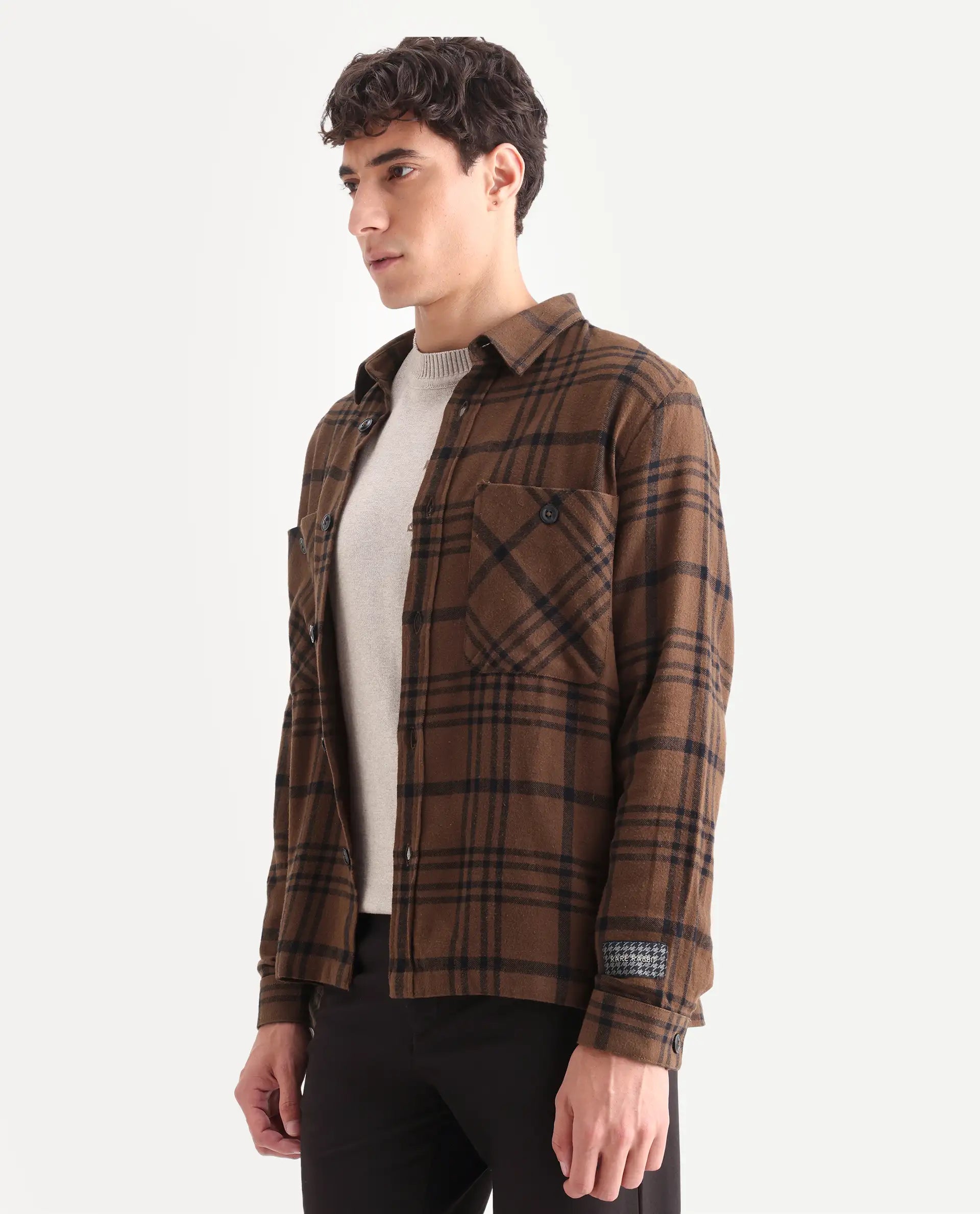 Rare Rabbit Men's Rousso Brown Cotton Checked Print Relaxed Fit Full Sleeve Spread Collar Shacket