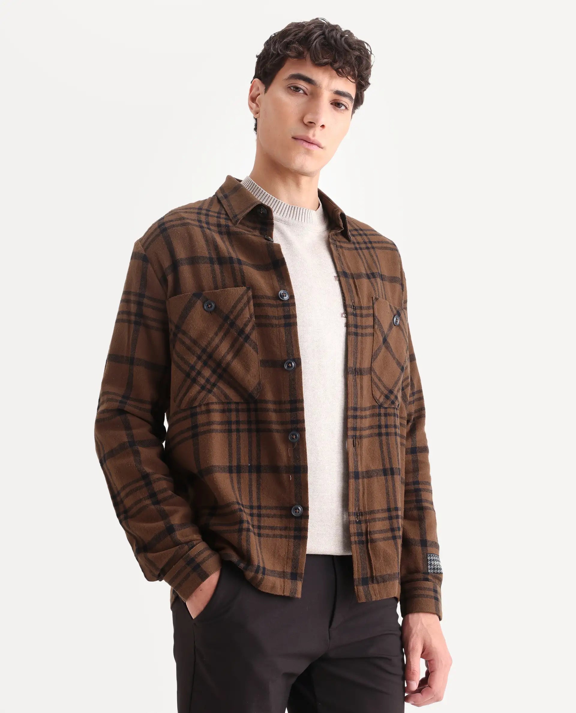 Rare Rabbit Men's Rousso Brown Cotton Checked Print Relaxed Fit Full Sleeve Spread Collar Shacket