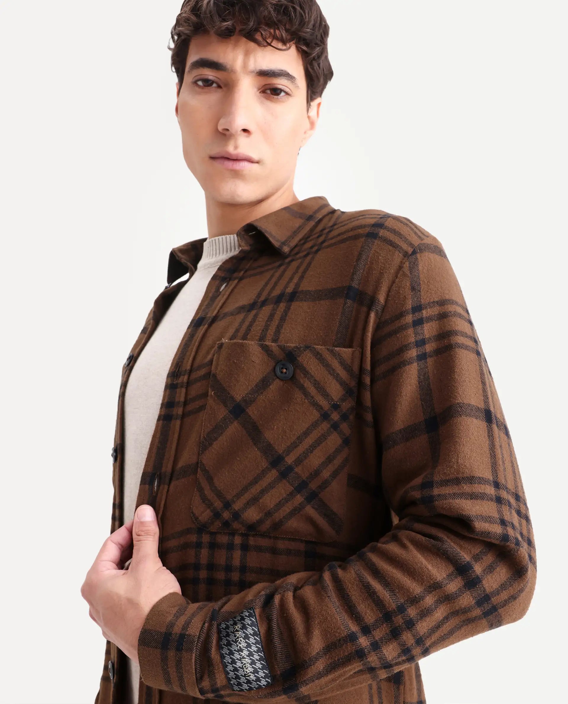 Rare Rabbit Men's Rousso Brown Cotton Checked Print Relaxed Fit Full Sleeve Spread Collar Shacket
