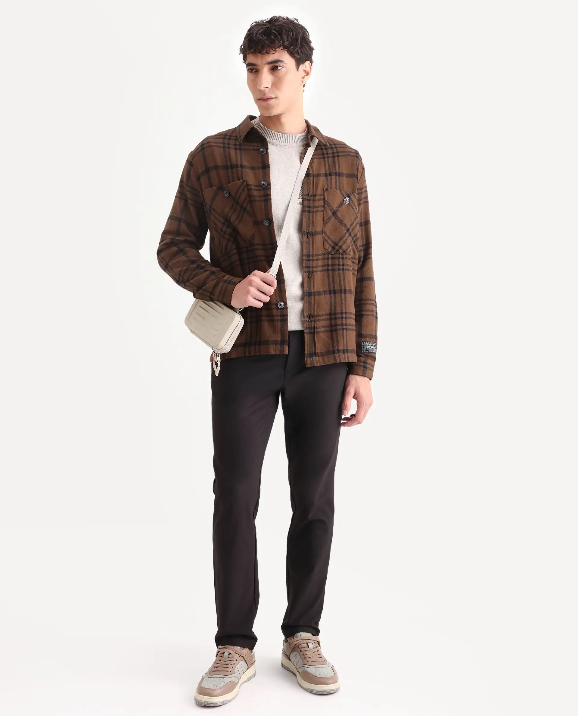 Rare Rabbit Men's Rousso Brown Cotton Checked Print Relaxed Fit Full Sleeve Spread Collar Shacket