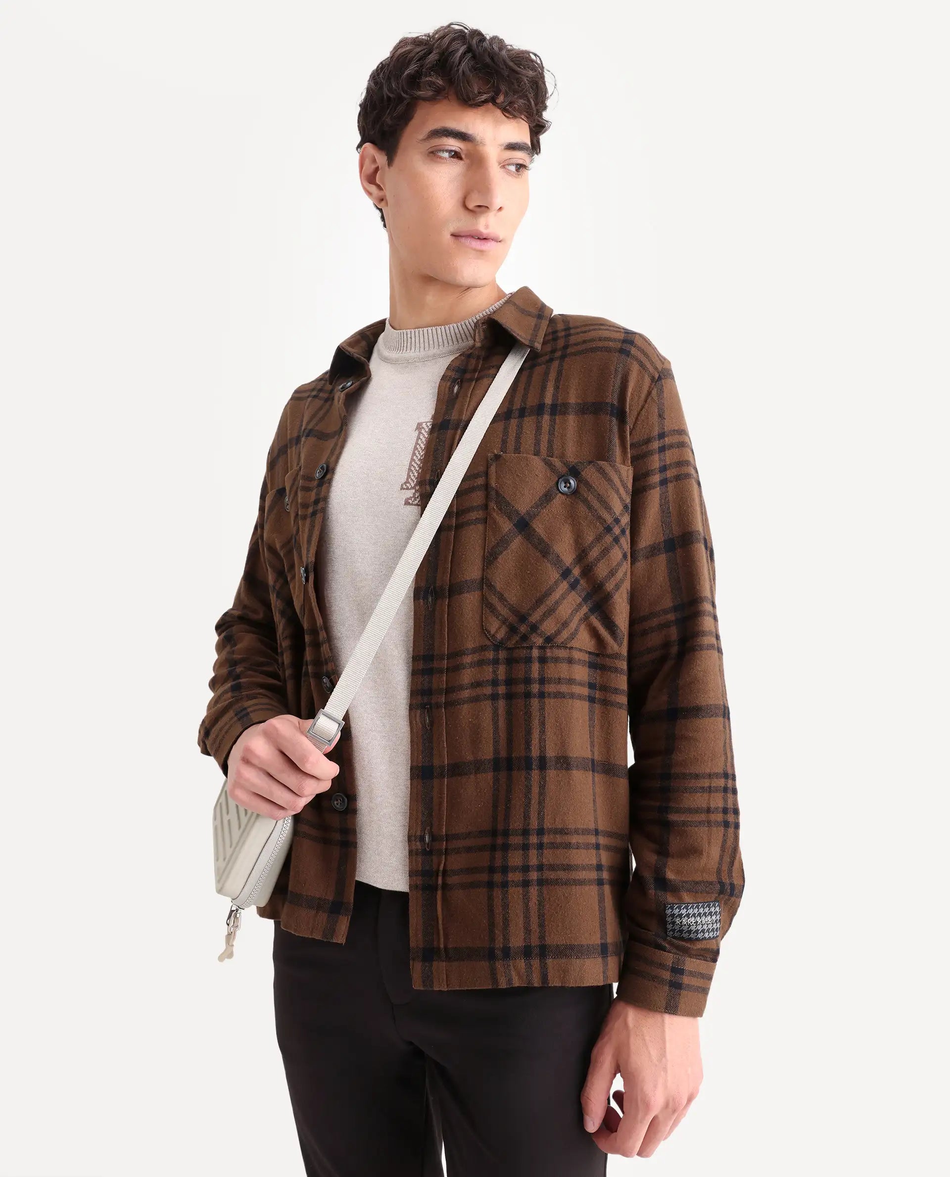 Rare Rabbit Men's Rousso Brown Cotton Checked Print Relaxed Fit Full Sleeve Spread Collar Shacket