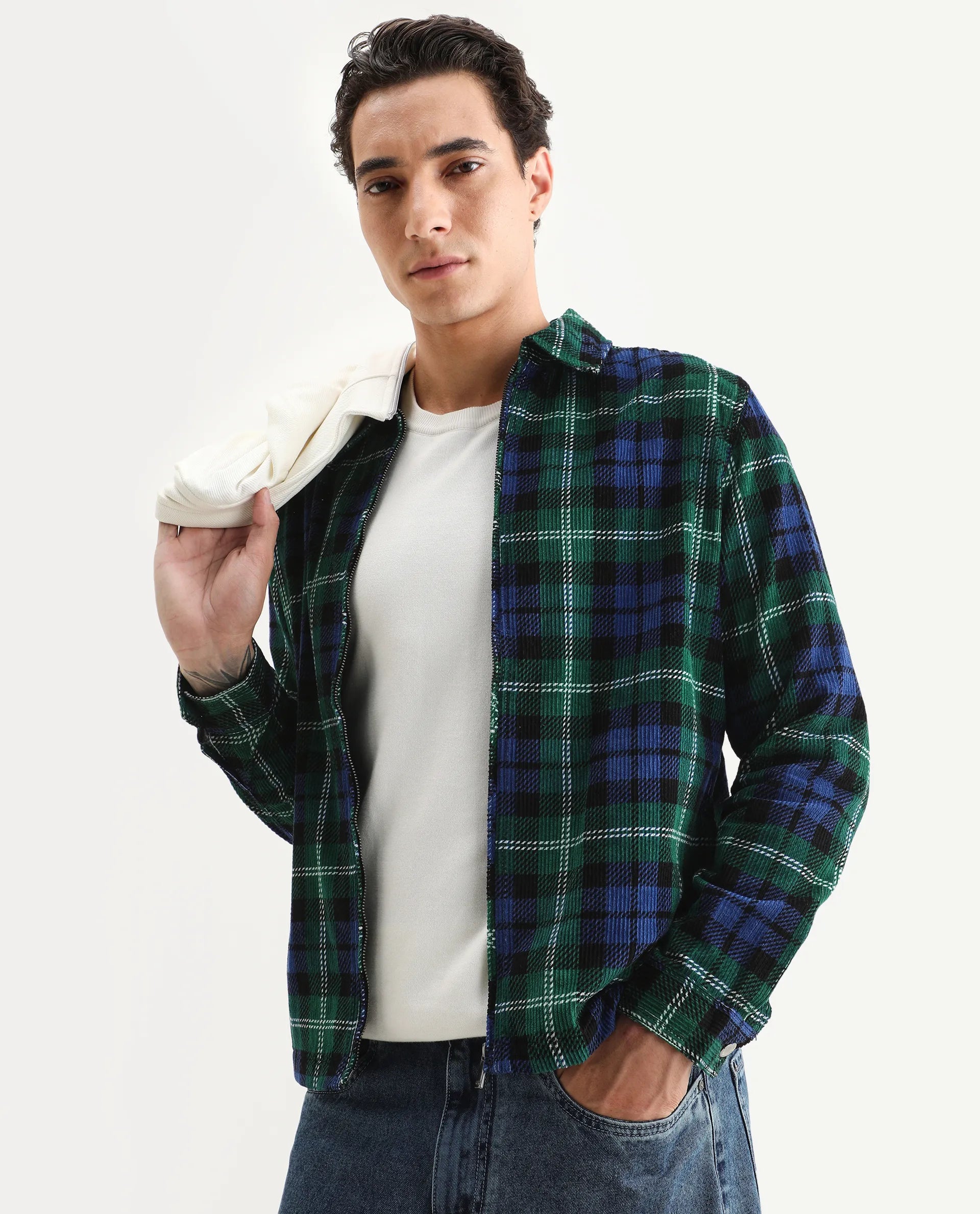 Rare Rabbit Men's Marino Blue Cotton Checked Print Relaxed Fit Full Sleeve Collared Shacket