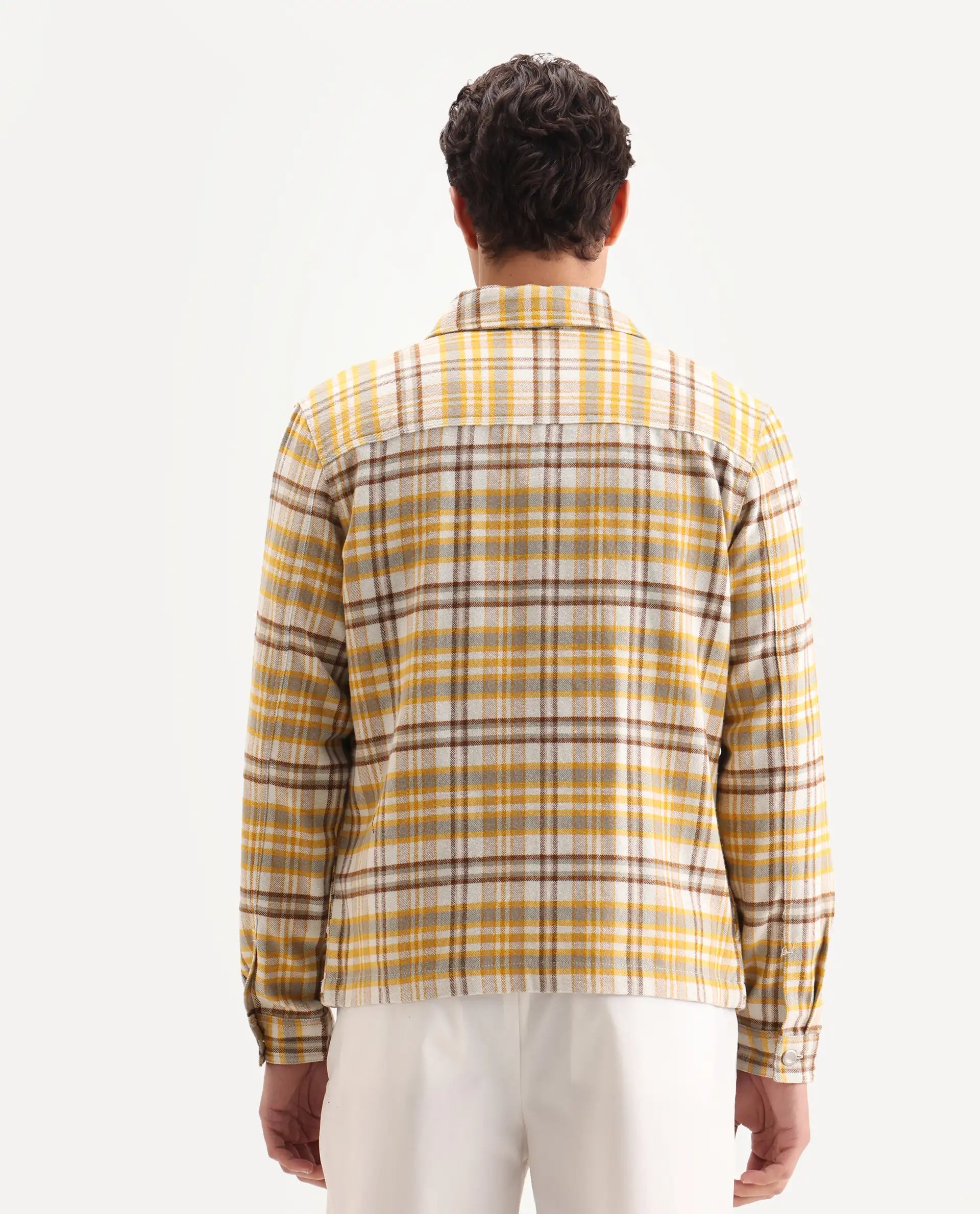Rare Rabbit Men's Marino Yellow Cotton Checked Print Relaxed Fit Full Sleeve Collared Shacket