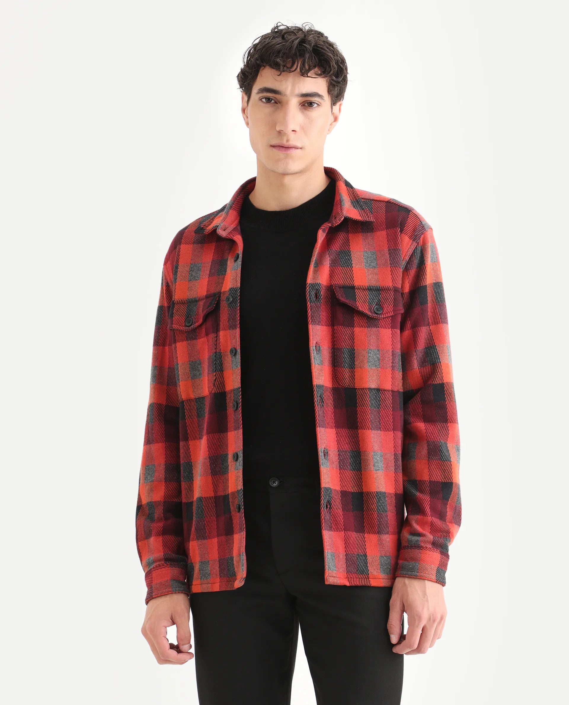 Rare Rabbit Men's Beteta Rust Cotton Checked Print Relaxed Fit Full Sleeve Collared Shacket