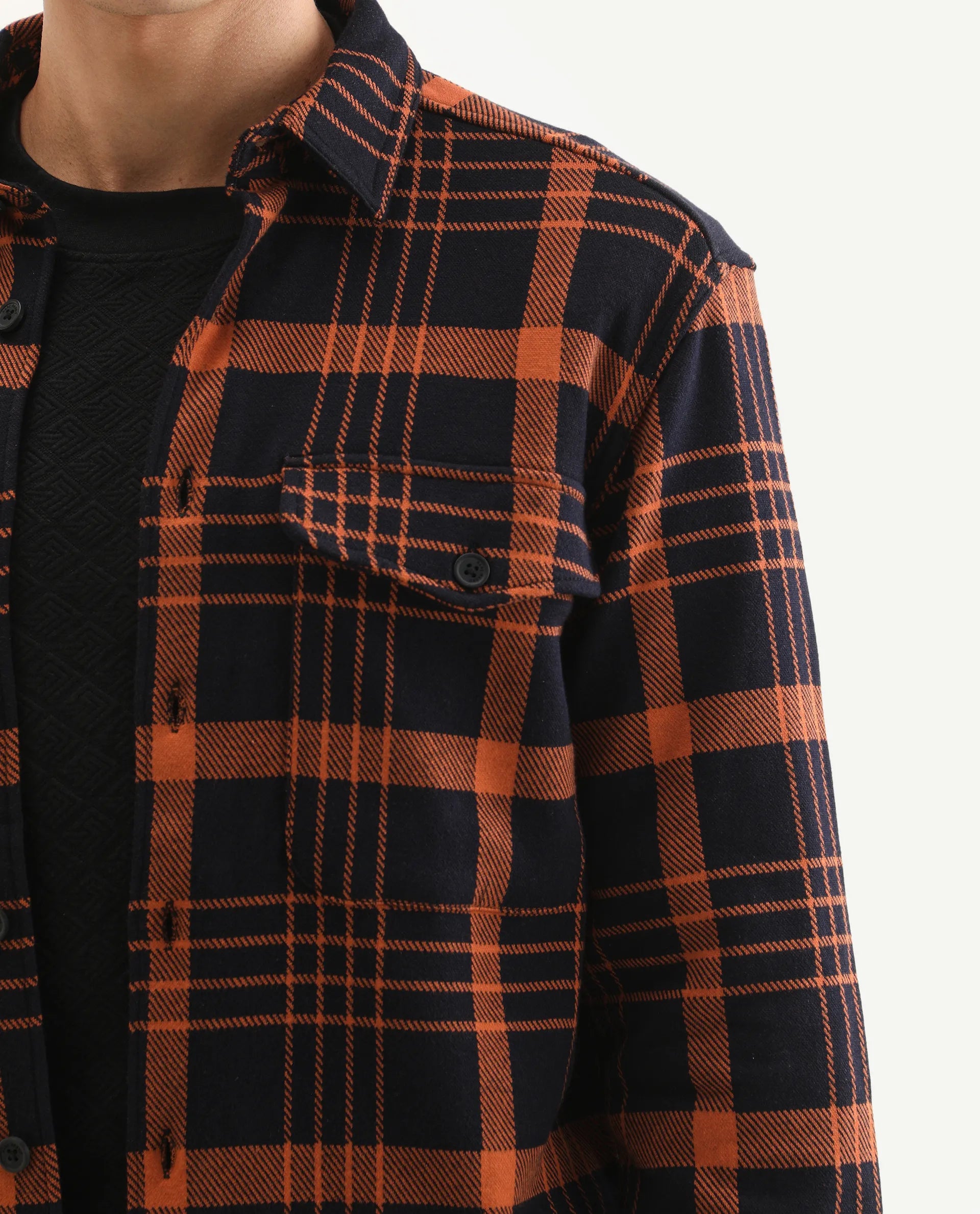 Rare Rabbit Men's Vega Black Cotton Checked Print Relaxed Fit Full Sleeve Collared Shacket