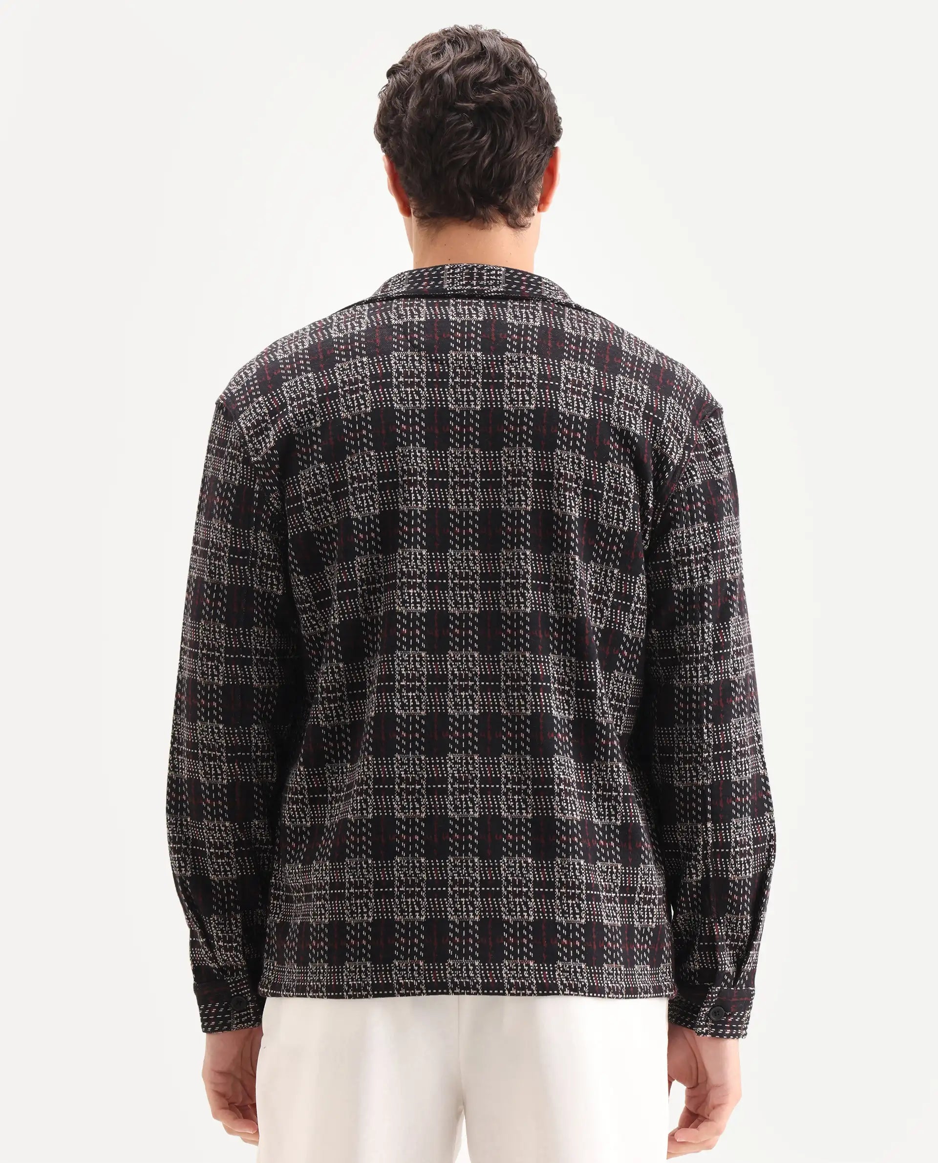 Rare Rabbit Men's Torija Black Cotton Checked Print Relaxed Fit Full Sleeve Collared Shacket