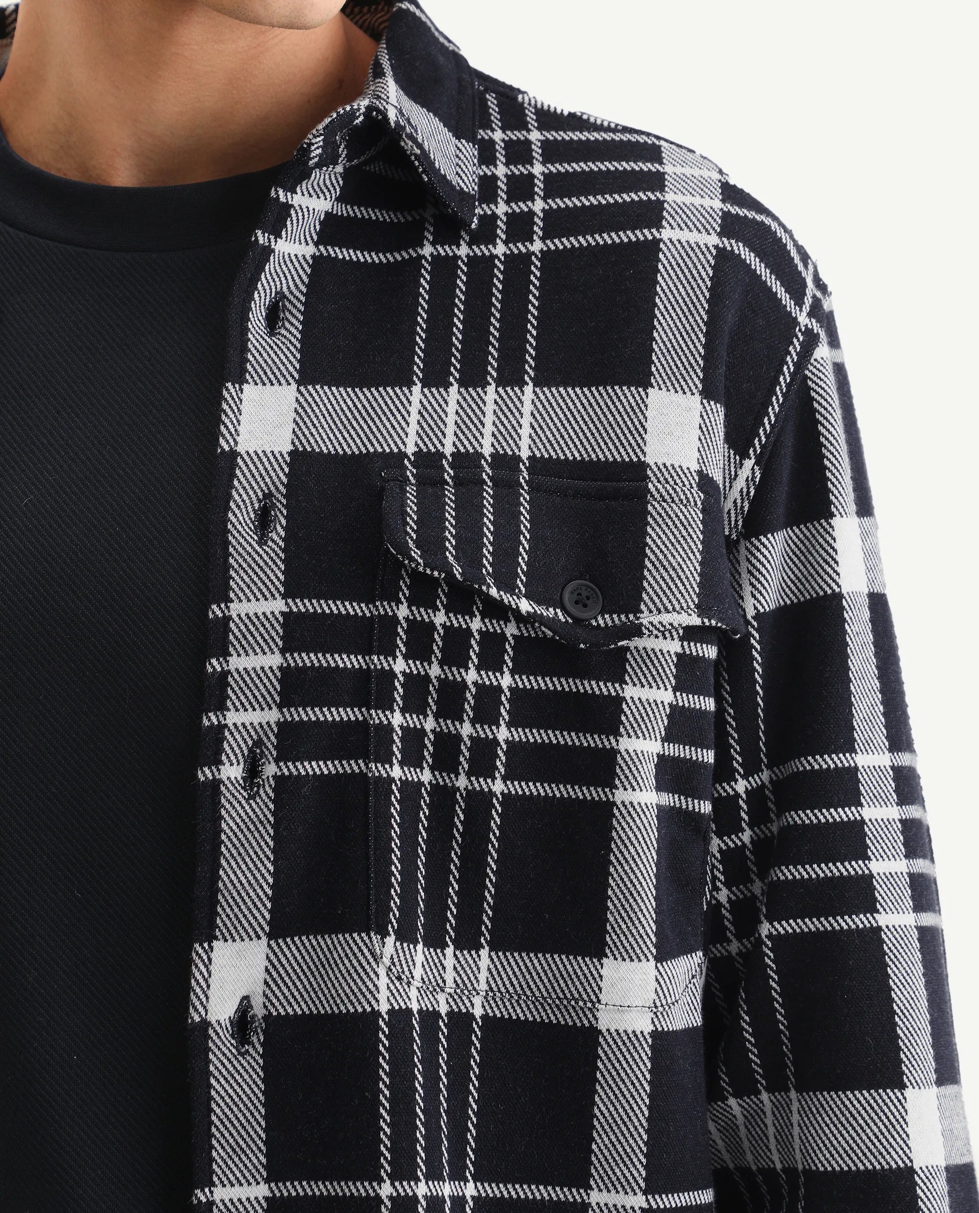 Rare Rabbit Men's Trillo Dark Navy Cotton Checked Print Relaxed Fit Full Sleeve Collared Shacket