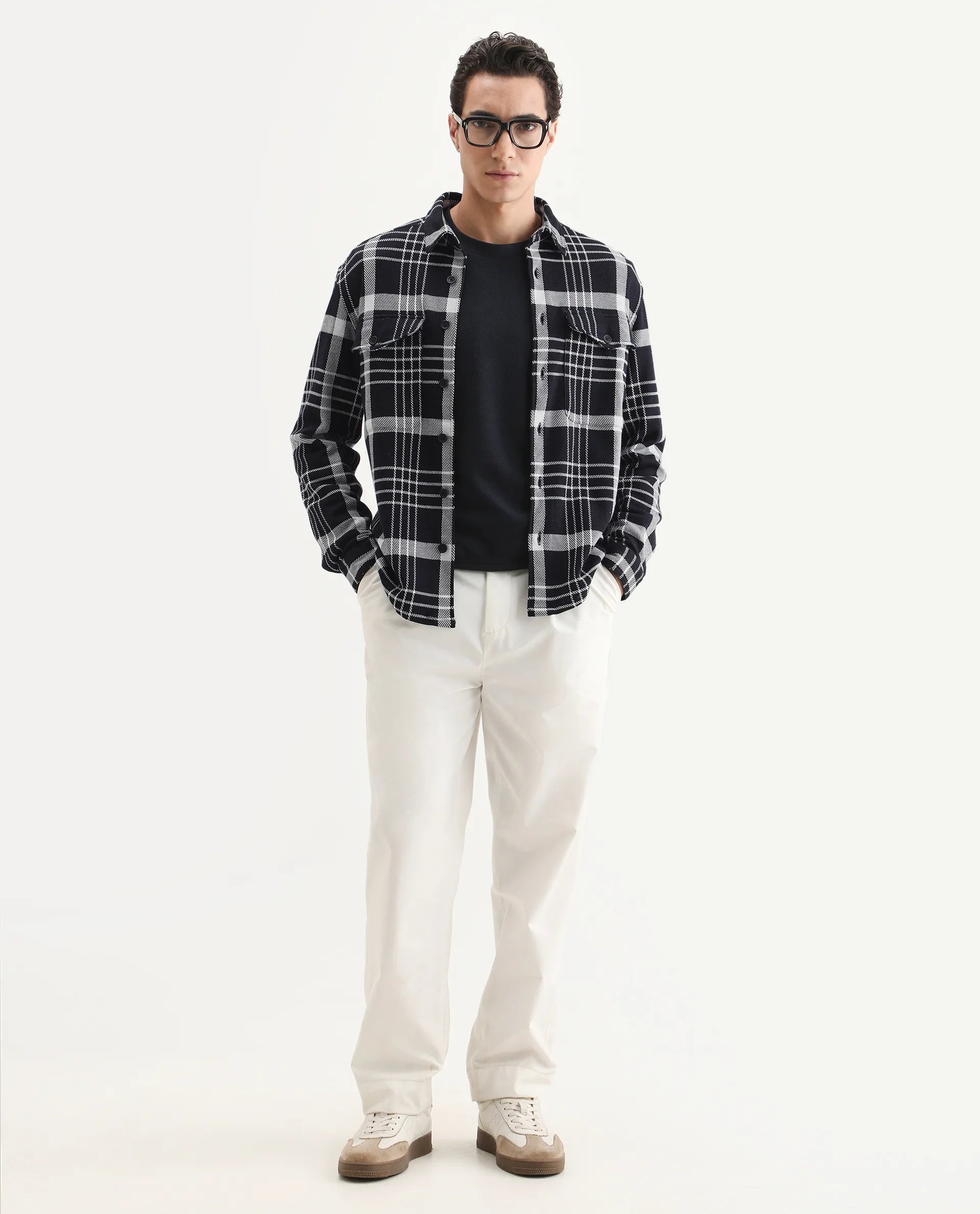 Rare Rabbit Men's Trillo Dark Navy Cotton Checked Print Relaxed Fit Full Sleeve Collared Shacket