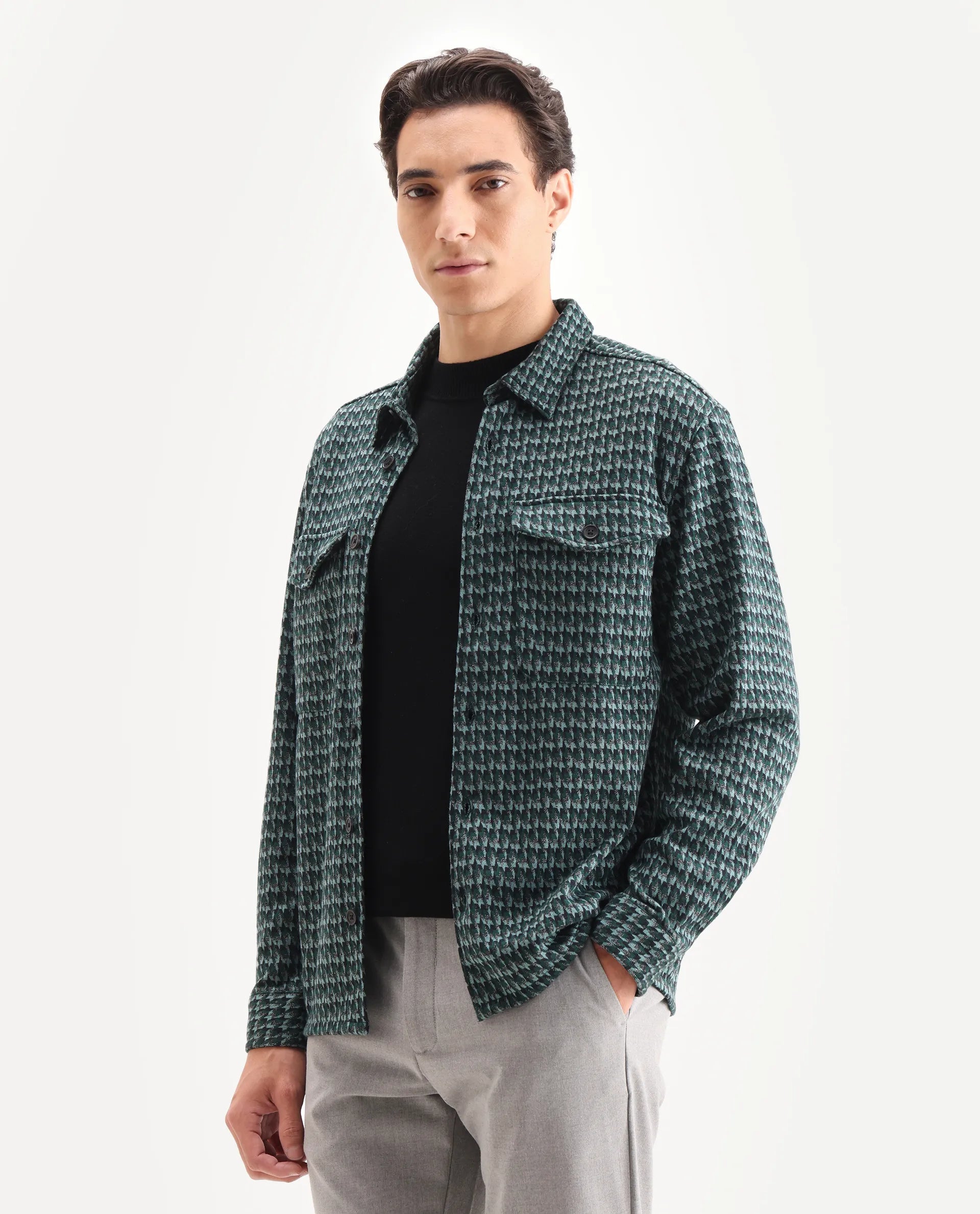 Rare Rabbit Men's Rodez Green Cotton Checked Print Relaxed Fit Full Sleeve Collared Shacket