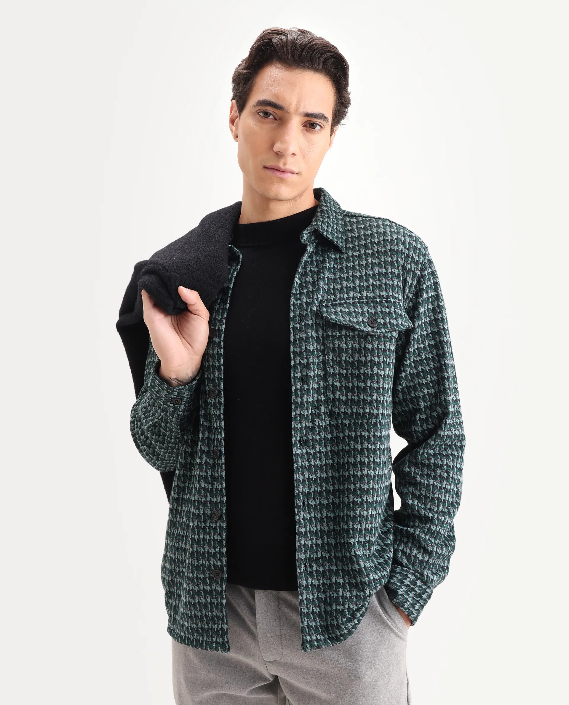Rare Rabbit Men's Rodez Green Cotton Checked Print Relaxed Fit Full Sleeve Collared Shacket