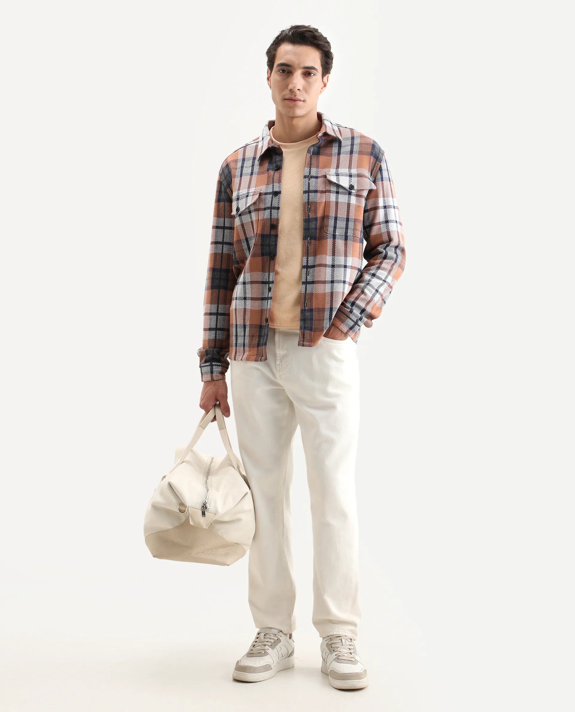 Rare Rabbit Men's Bello Rust Cotton Checked Print Relaxed Fit Full Sleeve Collared Shacket