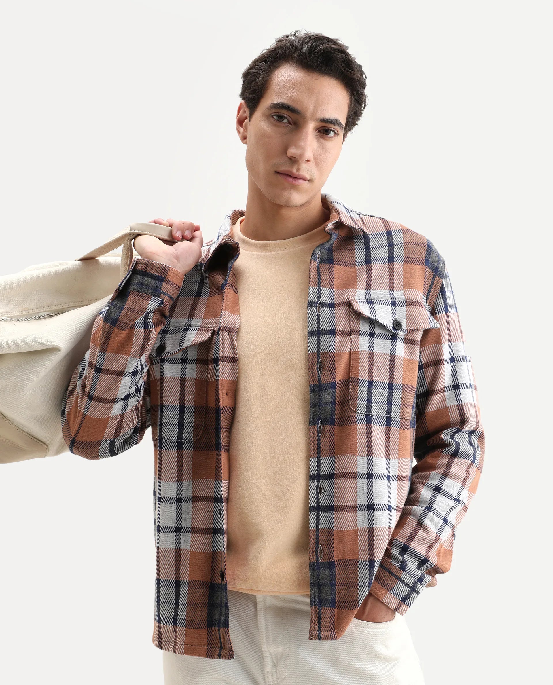 Rare Rabbit Men's Bello Rust Cotton Checked Print Relaxed Fit Full Sleeve Collared Shacket