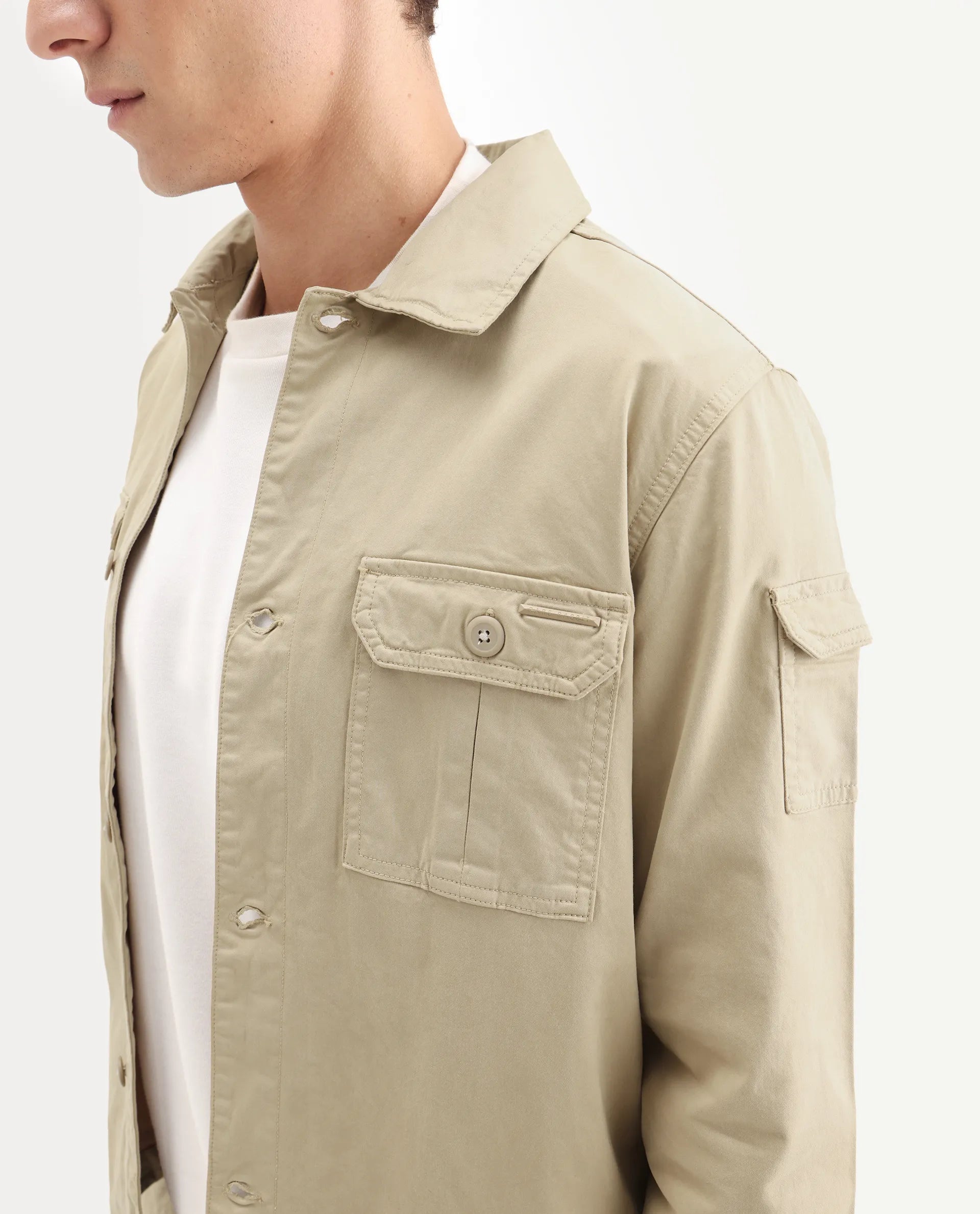 Rare Rabbit Men's Cedro Beige Cotton Plain Regular Fit Full Sleeve Spread Collar Jacket