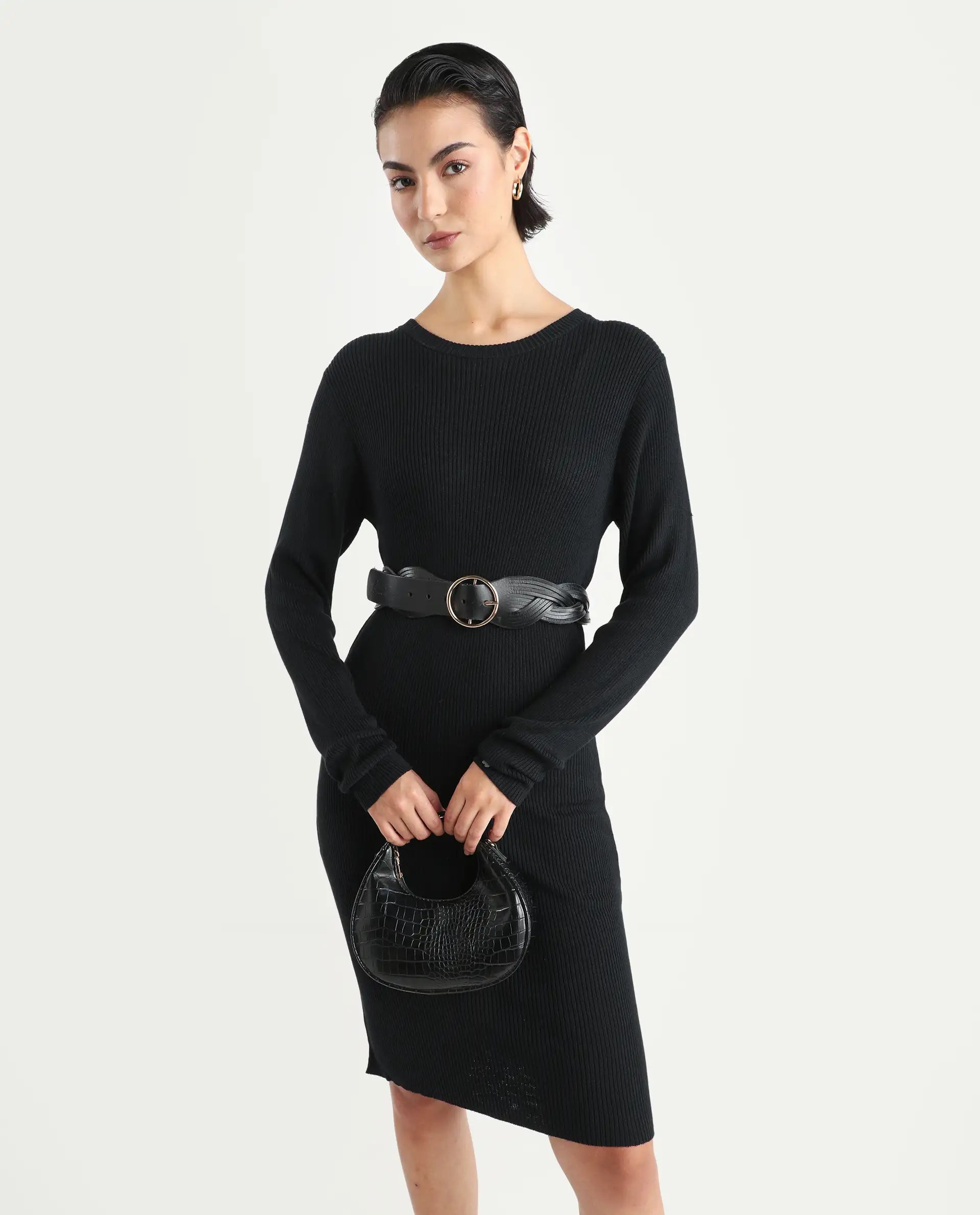 Rareism Women's Franccois Black Viscose Boat Neck Plain Knee Length Regular Fit Sweater