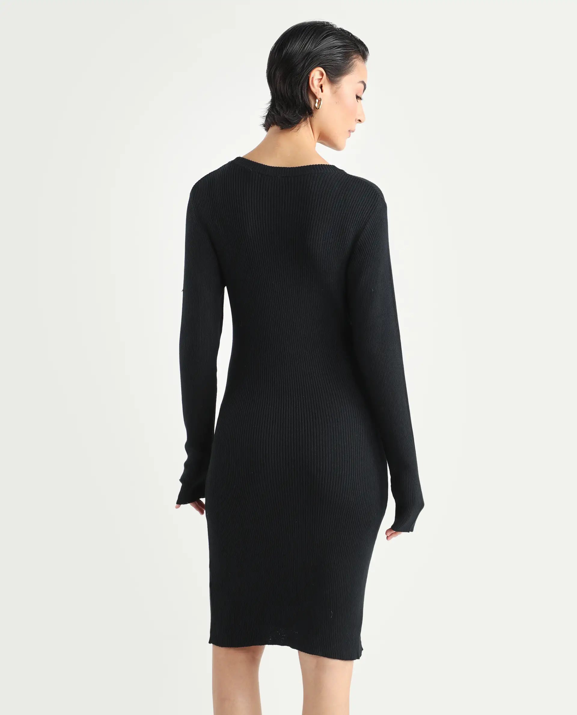 Rareism Women's Franccois Black Viscose Boat Neck Plain Knee Length Regular Fit Sweater