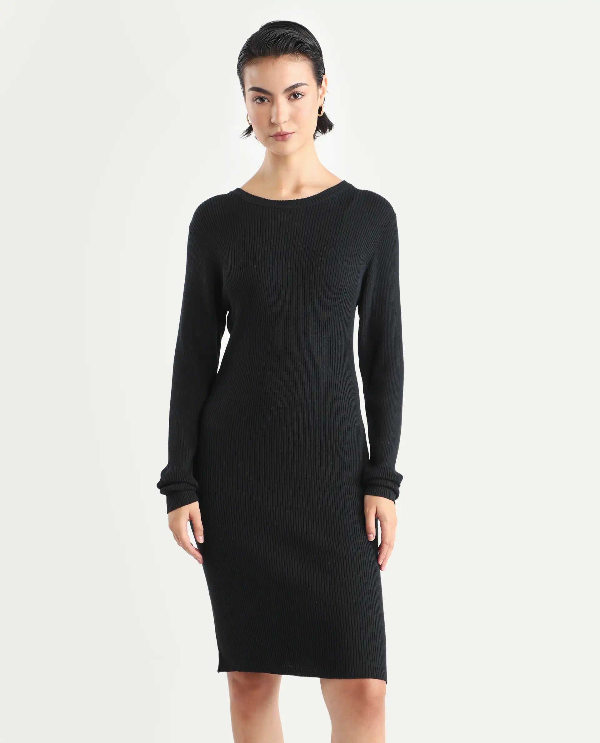 Rareism Women's Franccois Black Viscose Boat Neck Plain Knee Length Regular Fit Sweater