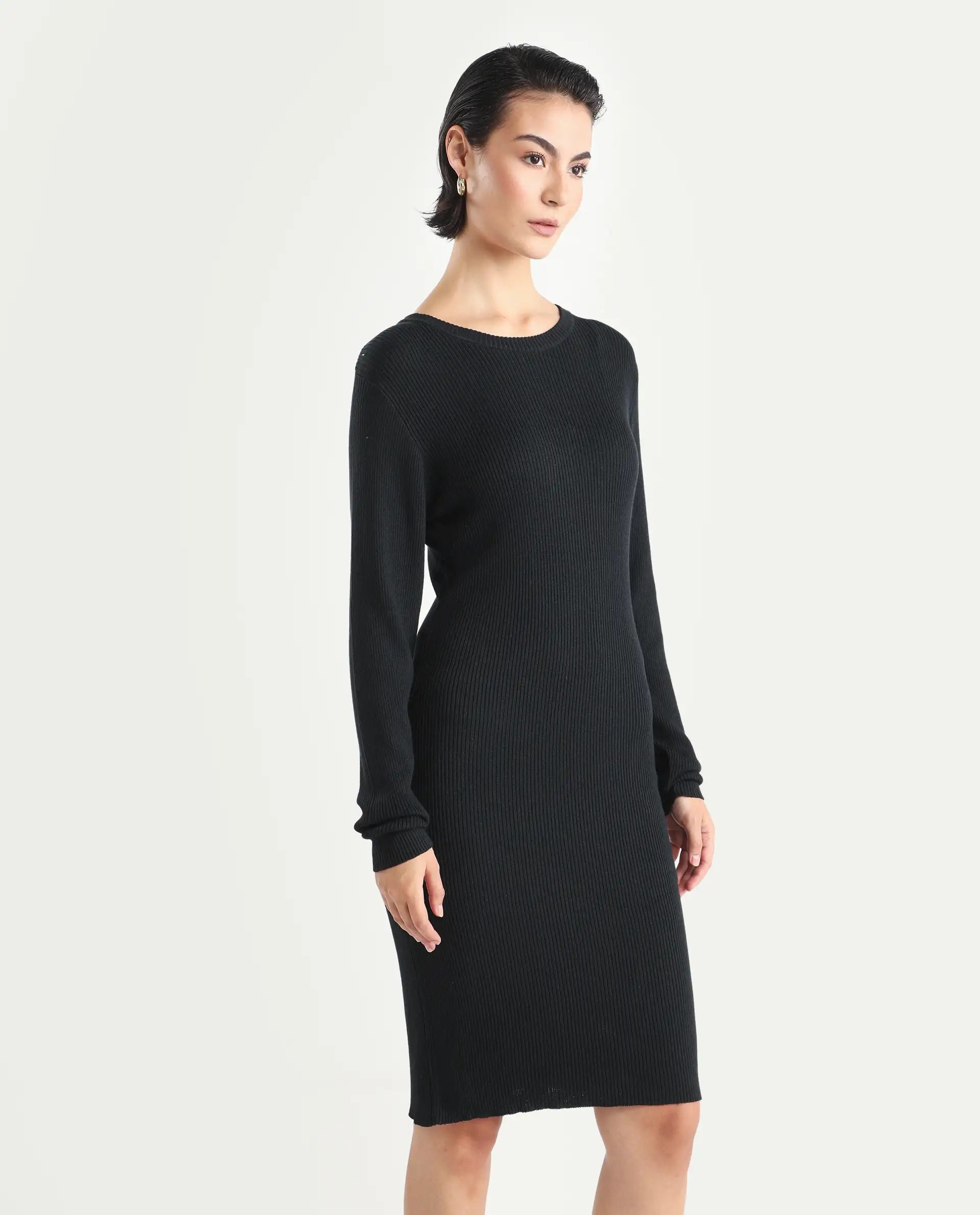 Rareism Women's Franccois Black Viscose Boat Neck Plain Knee Length Regular Fit Sweater