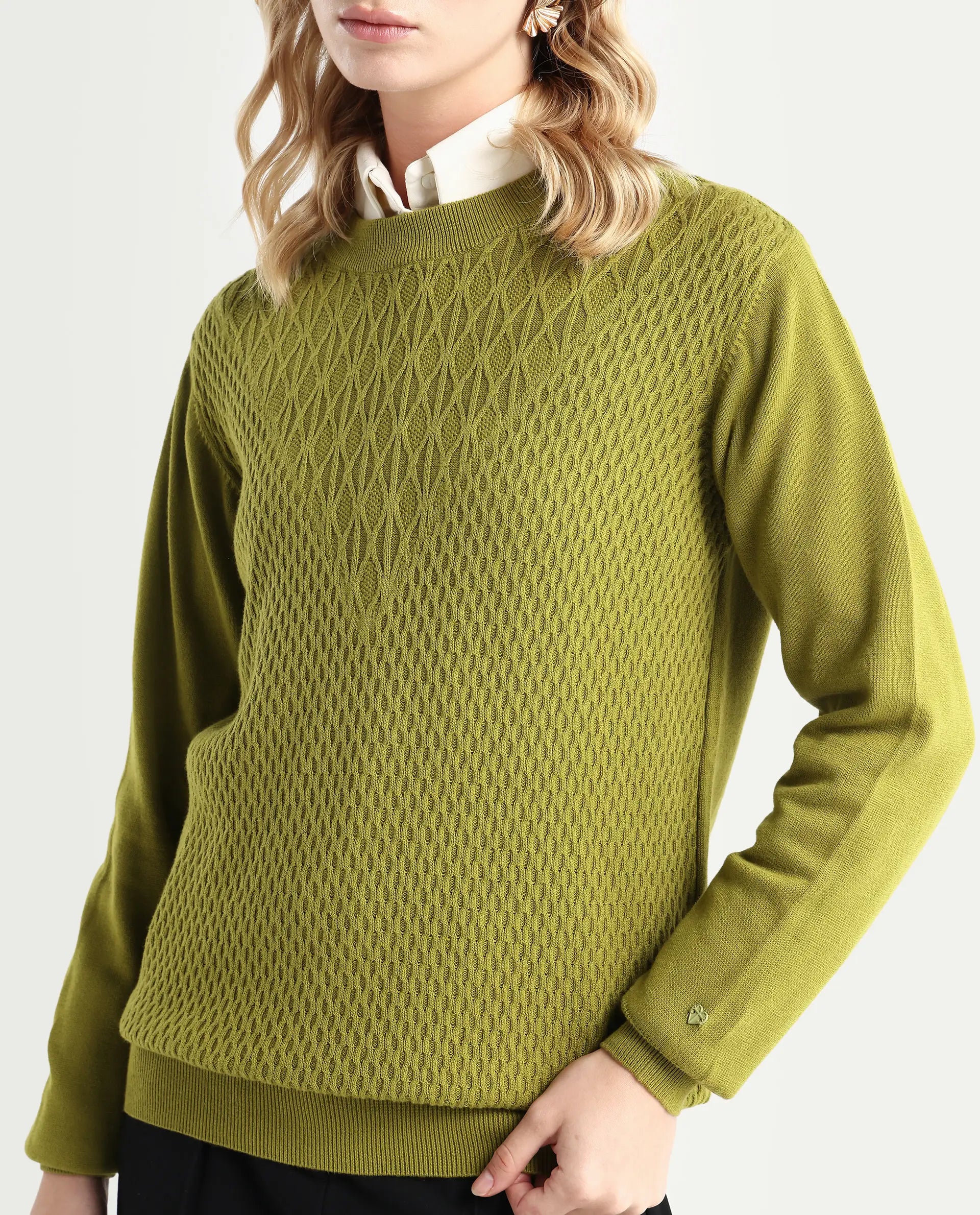 Rareism Women's Whittall Olive Cotton High Neck Plain Relaxed Fit Sweater