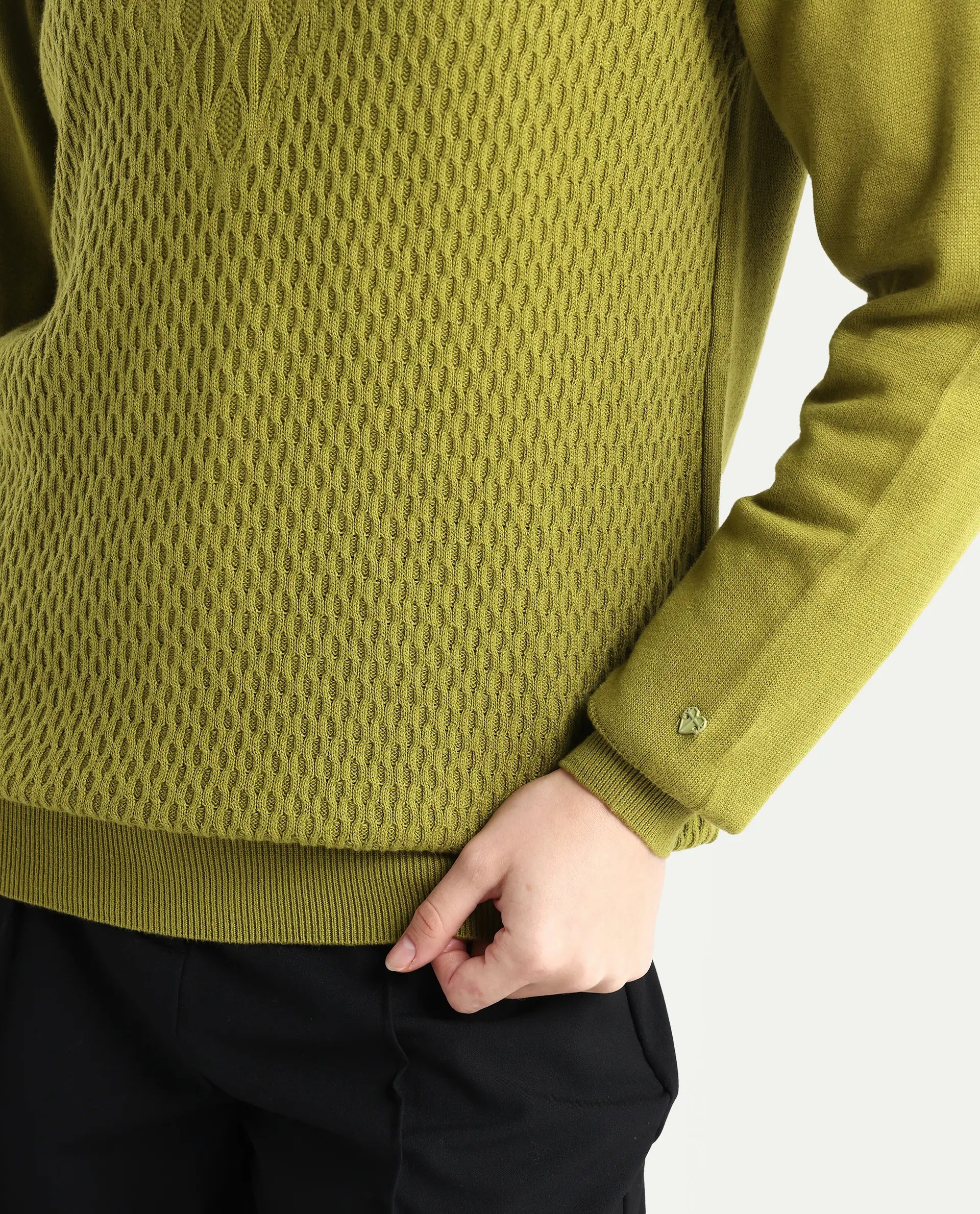 Rareism Women's Whittall Olive Cotton High Neck Plain Relaxed Fit Sweater