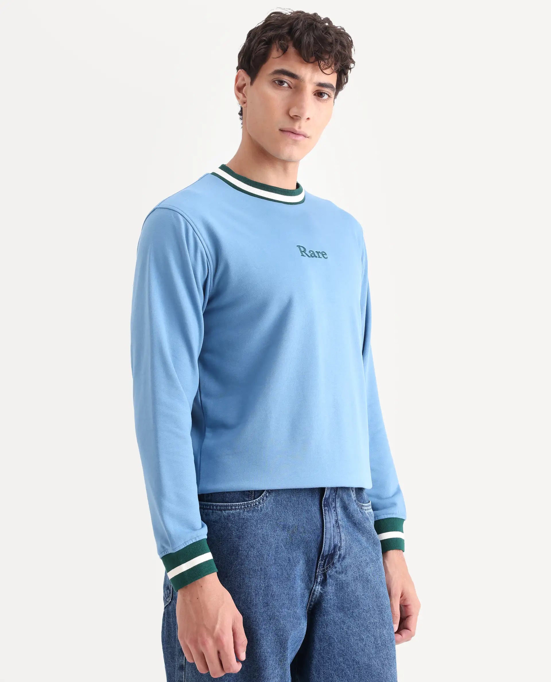 Rare Rabbit Men's Cancet Light Blue Cotton Plain Regular Fit Full Sleeve Crew Neck Sweatshirt