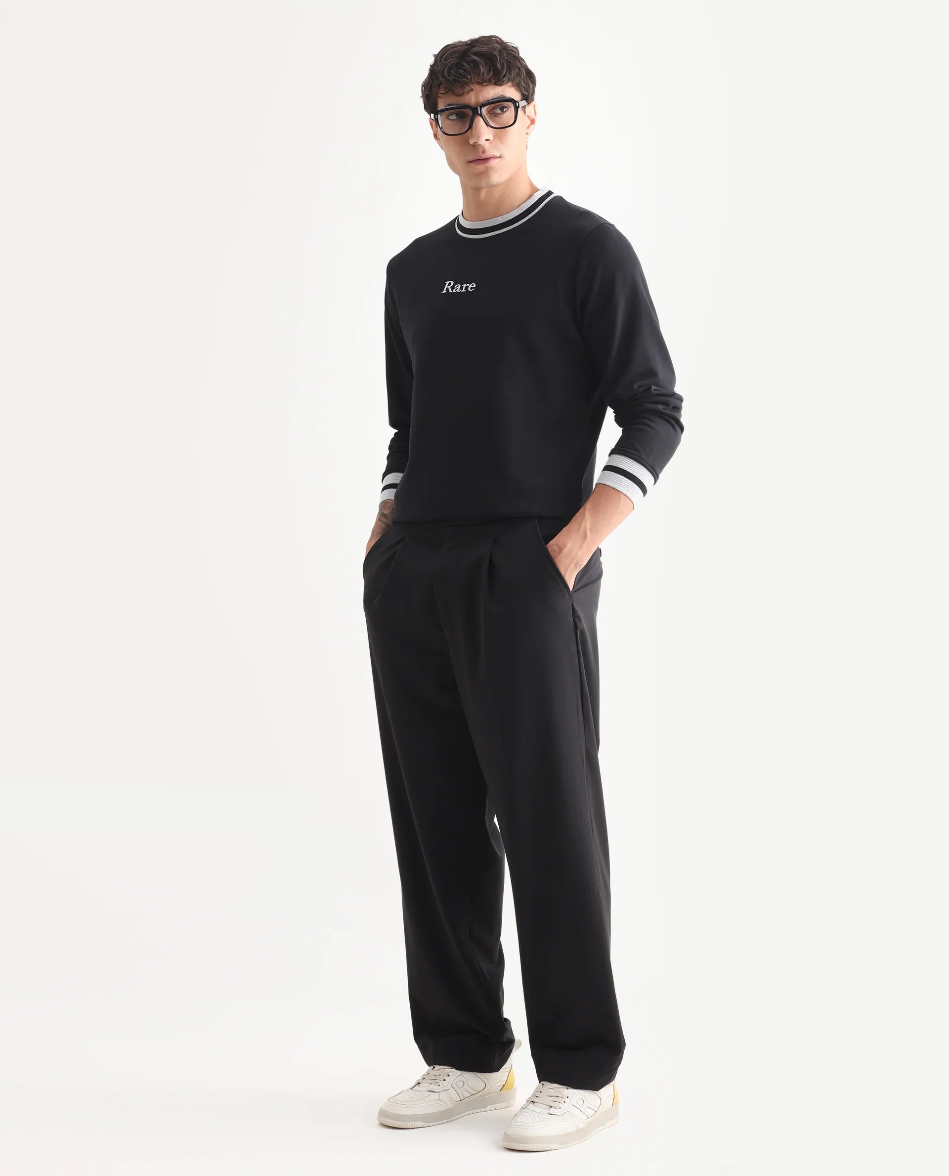 Rare Rabbit Men's Cancet Black Cotton Plain Regular Fit Full Sleeve Crew Neck Sweatshirt