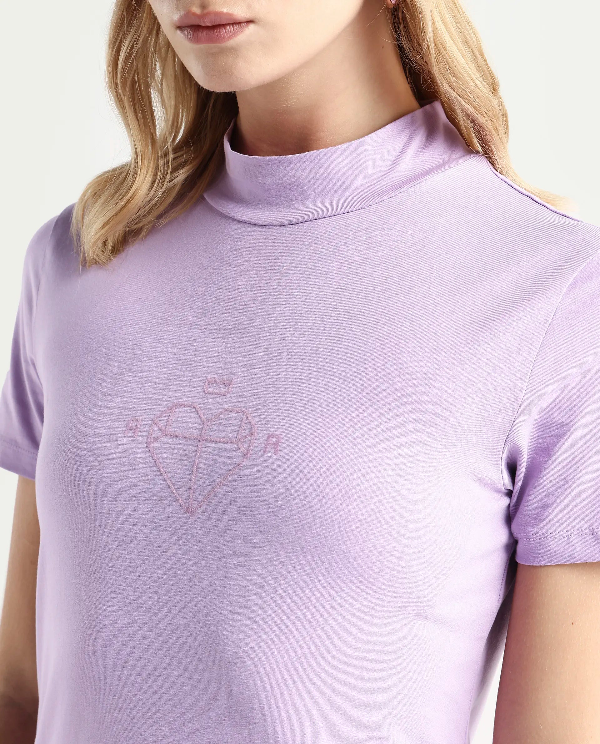 Rareism Women's Ellie Purple Cotton High Neck Graphic Print Regular Fit T-Shirt