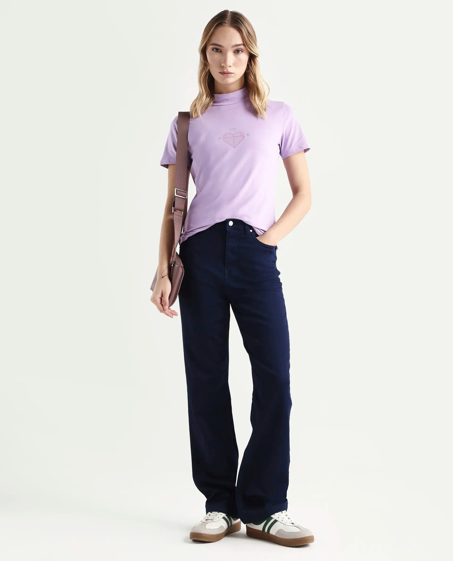 Rareism Women's Ellie Purple Cotton High Neck Graphic Print Regular Fit T-Shirt