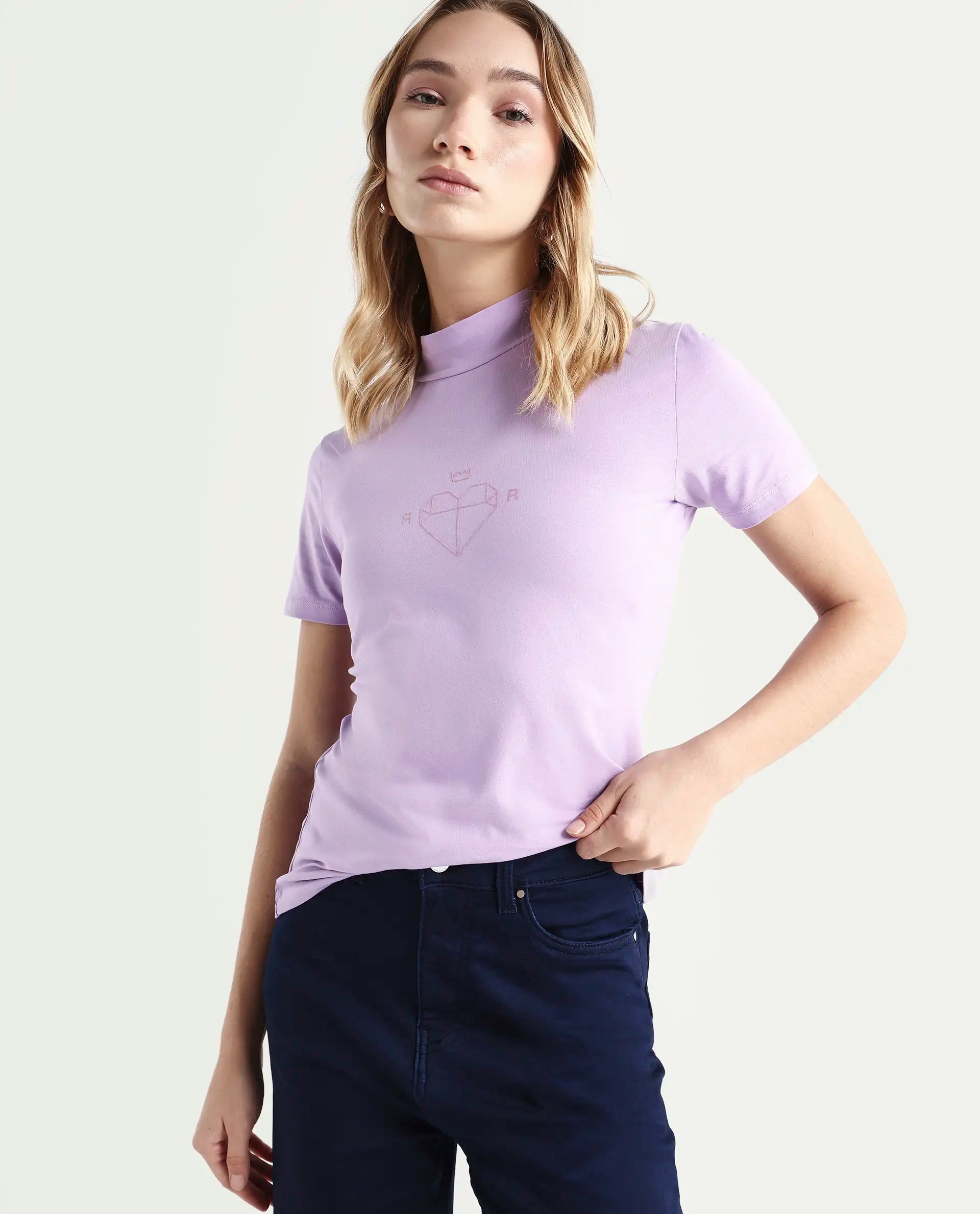 Rareism Women's Ellie Purple Cotton High Neck Graphic Print Regular Fit T-Shirt