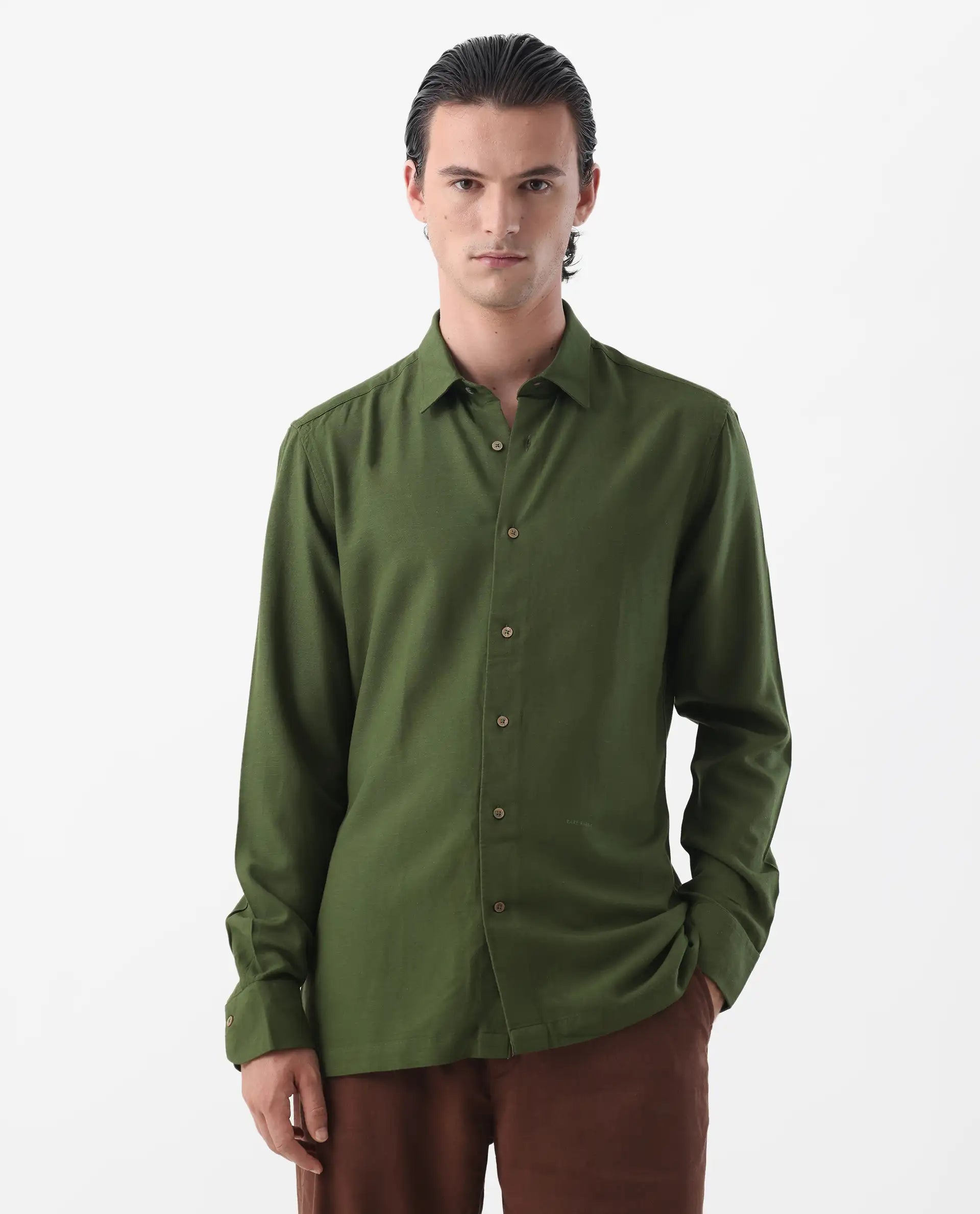 Rare Rabbit Men's Lunet Olive Linen Full Sleeves Solid Shirt